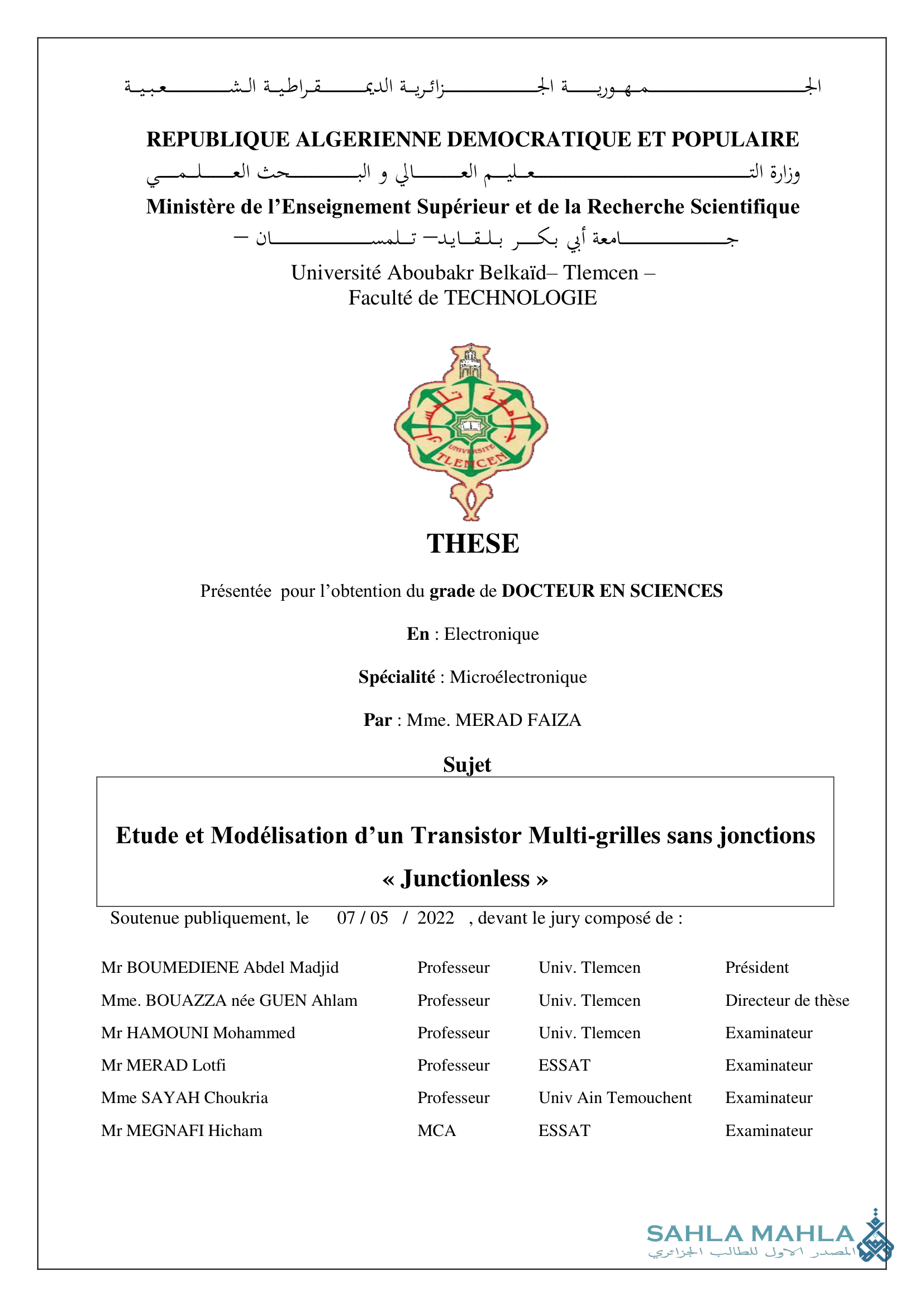 Etude et Modélisation d'un Transistor Multi-grilles sans jonctions