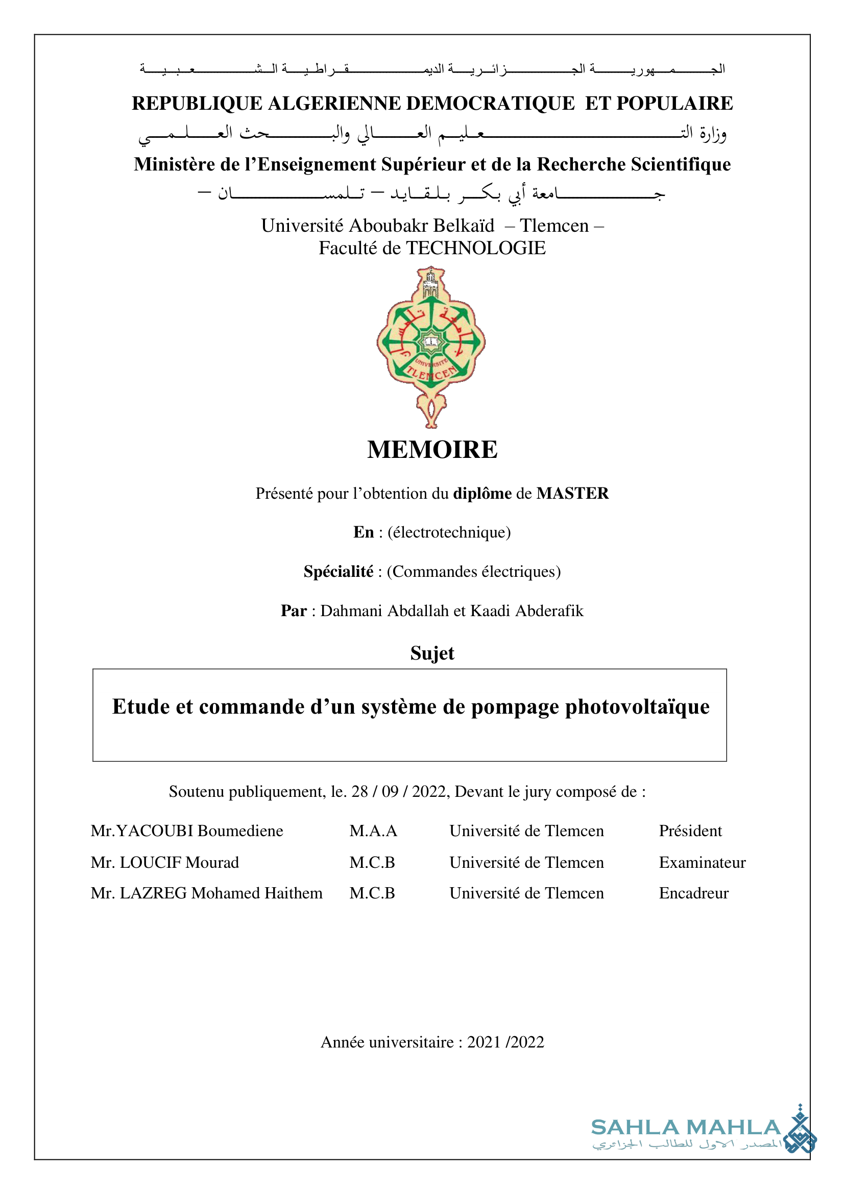 Etude et commande d'un système de pompage photovoltaïque