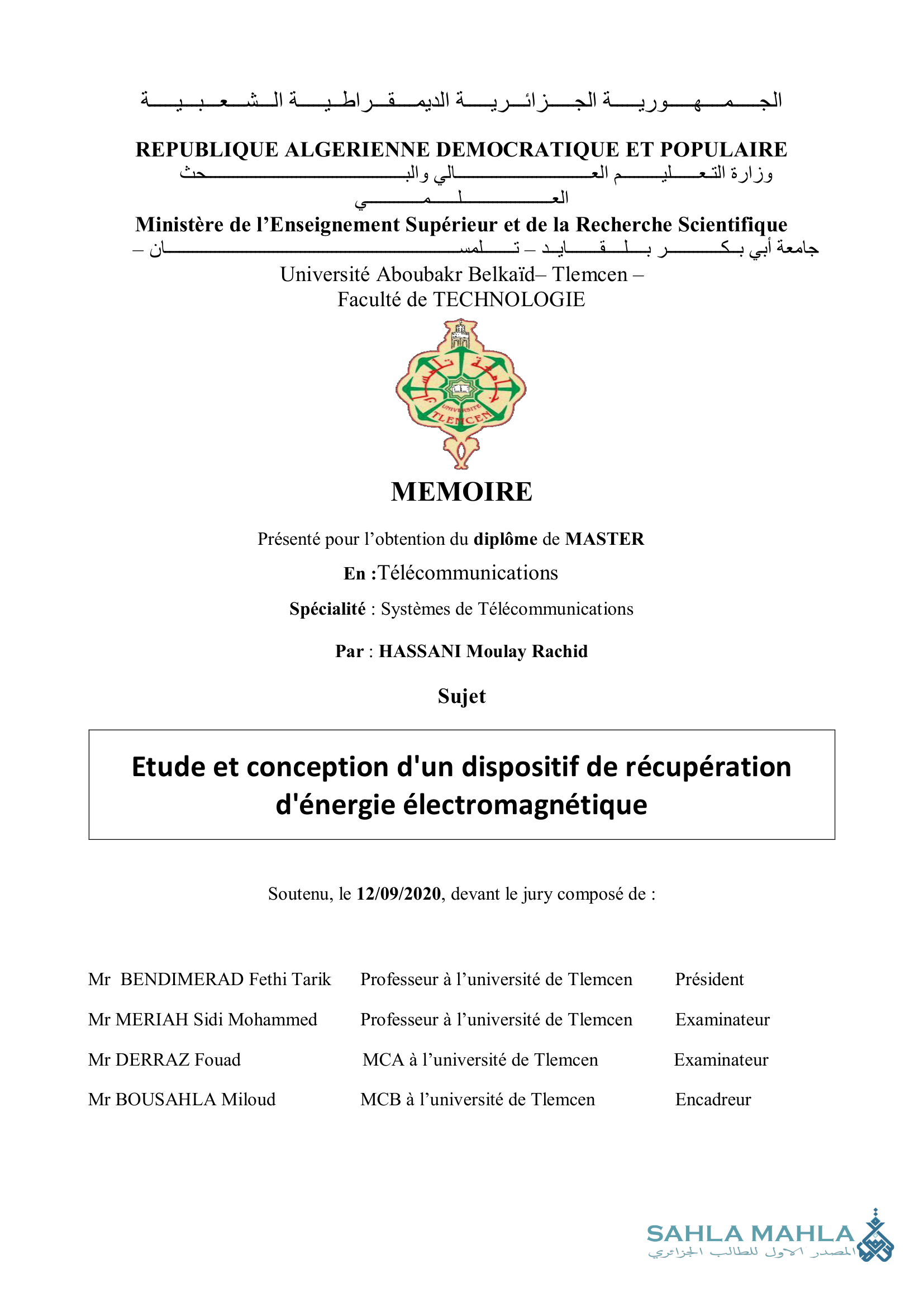 Etude et conception d'un dispositif de récupération d'énergie électromagnétique