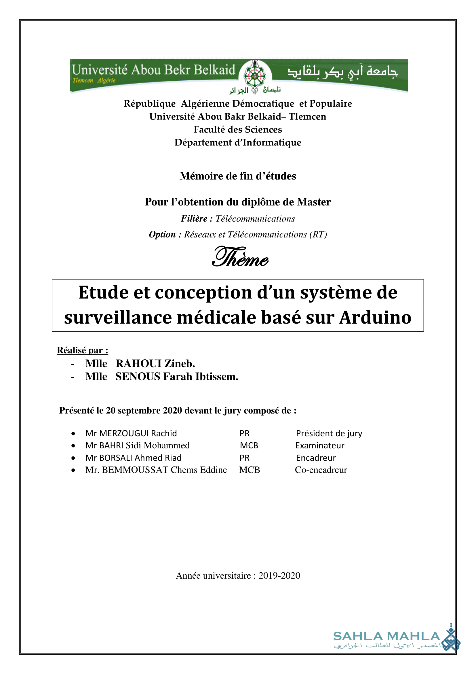 Etude et conception d'un système de surveillance médicale basé sur Arduino