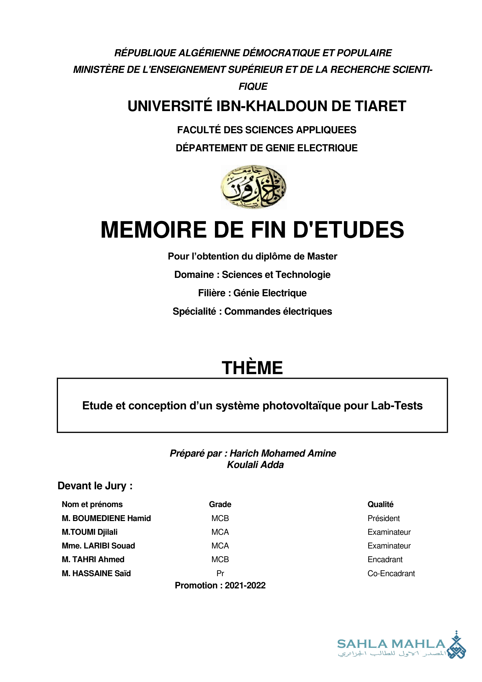 Etude et conception d'un système photovoltaïque pour Lab-Tests