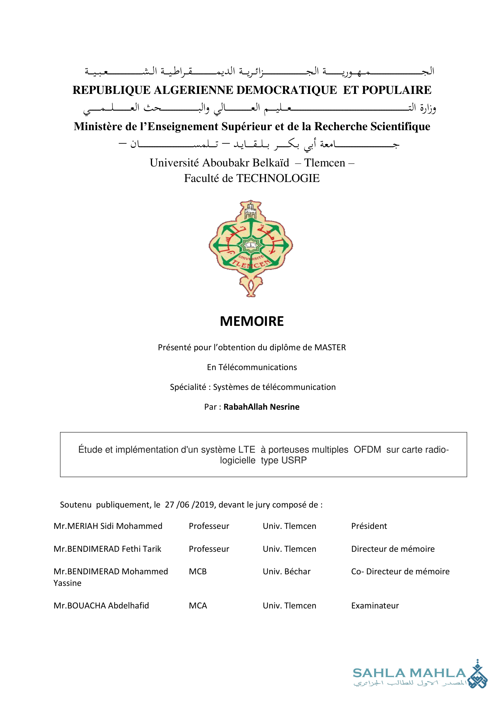 Étude et implémentation d'un système LTE à porteuses multiples OFDM sur carte radio- logicielle type USRP