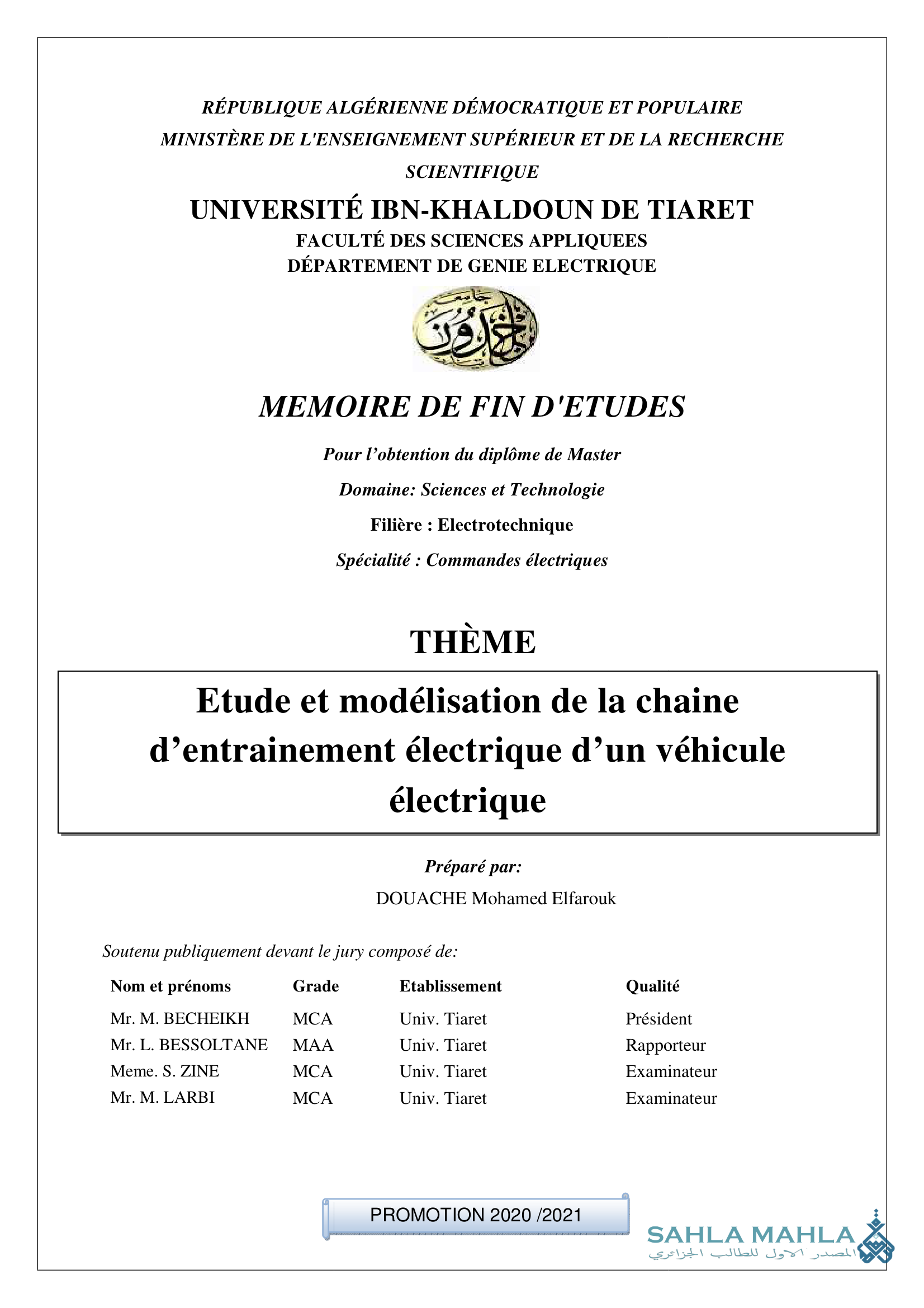 Etude et modélisation de la chaine d'entrainement électrique d'un véhicule électrique