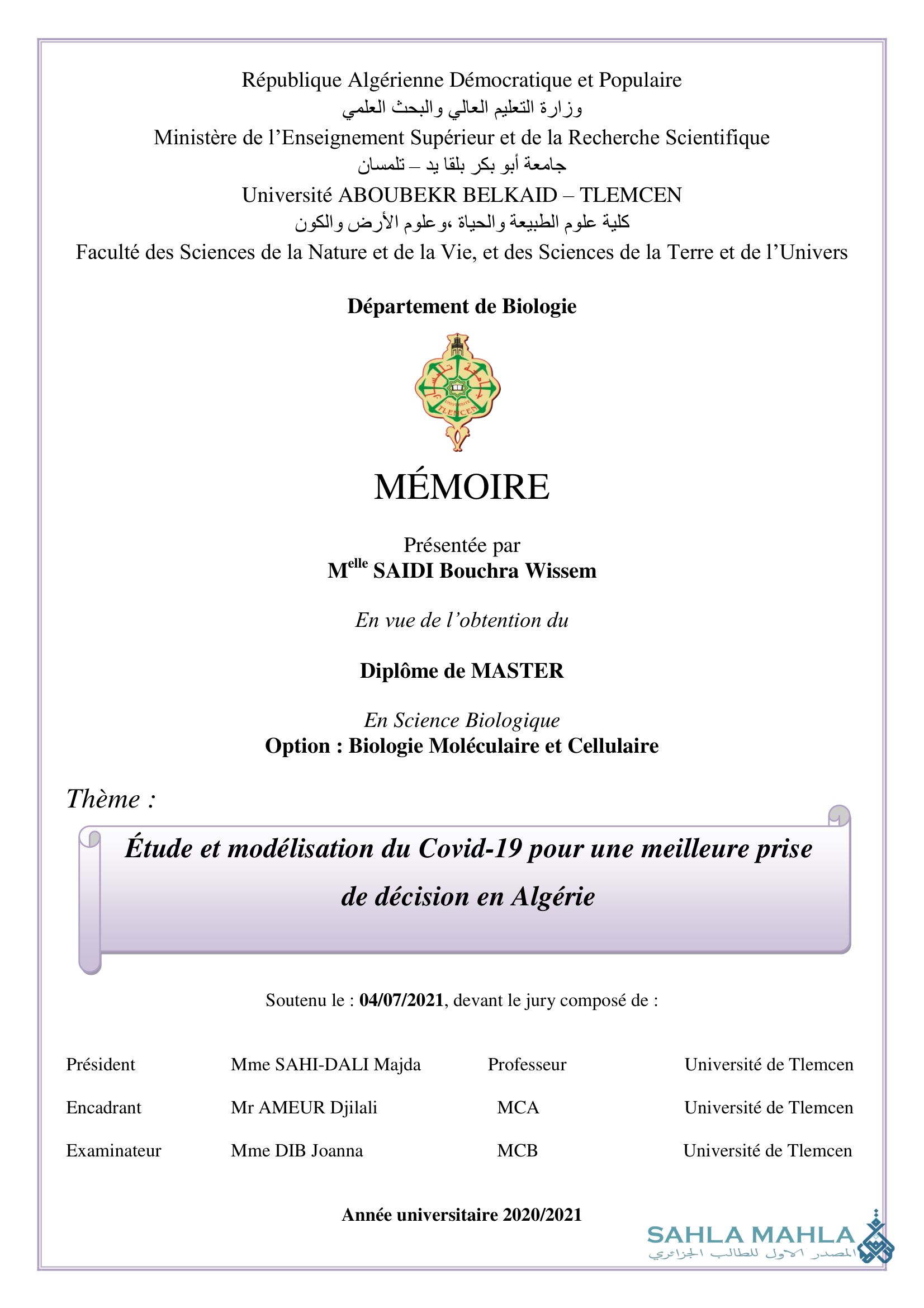 Étude et modélisation du Covid-19 pour une meilleure prise de décision en Algérie