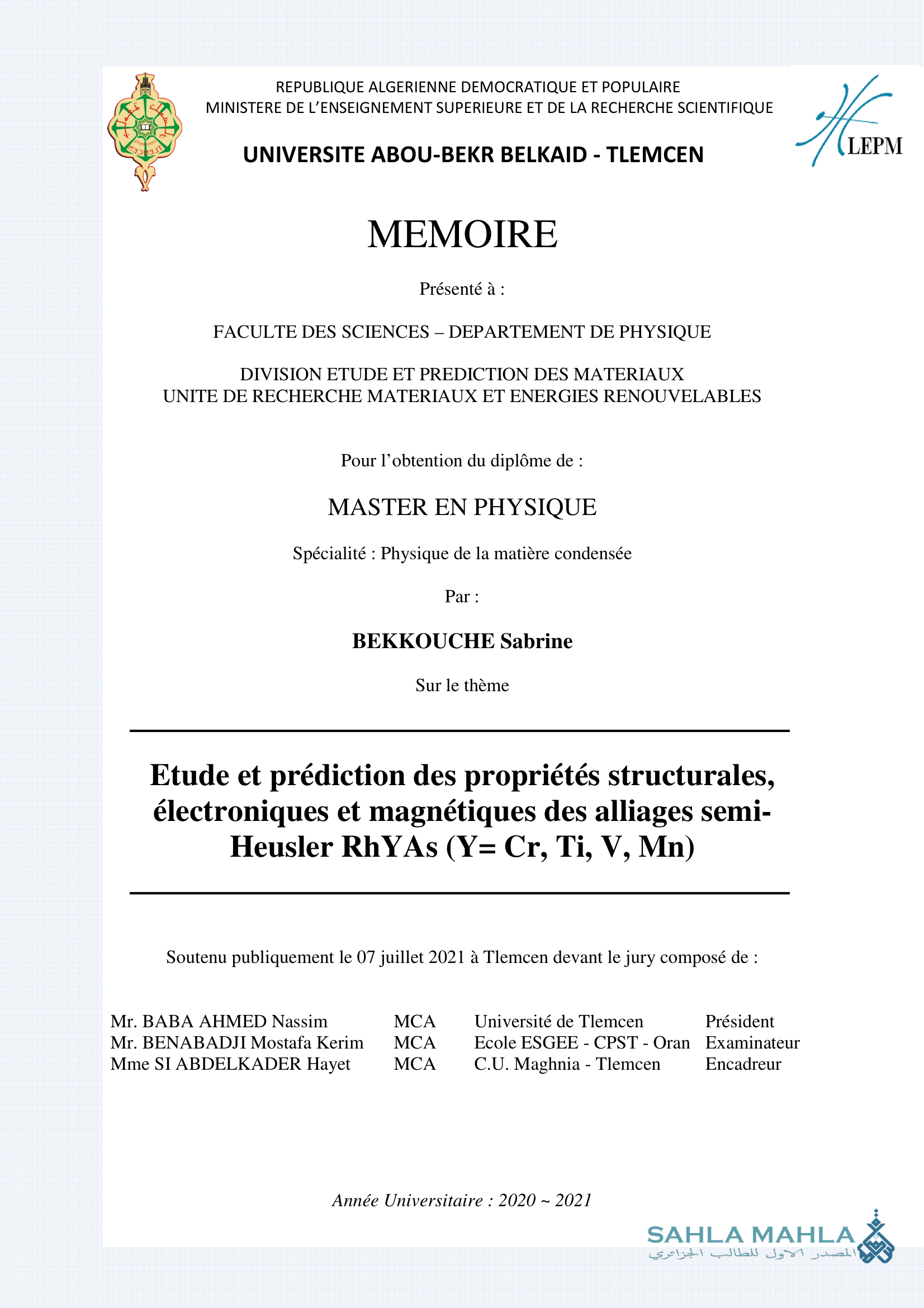 Etude et prédiction des propriétés structurales, électroniques et magnétiques des alliages semi- Heusler RhYAs (Y= Cr, Ti, V, Mn)
