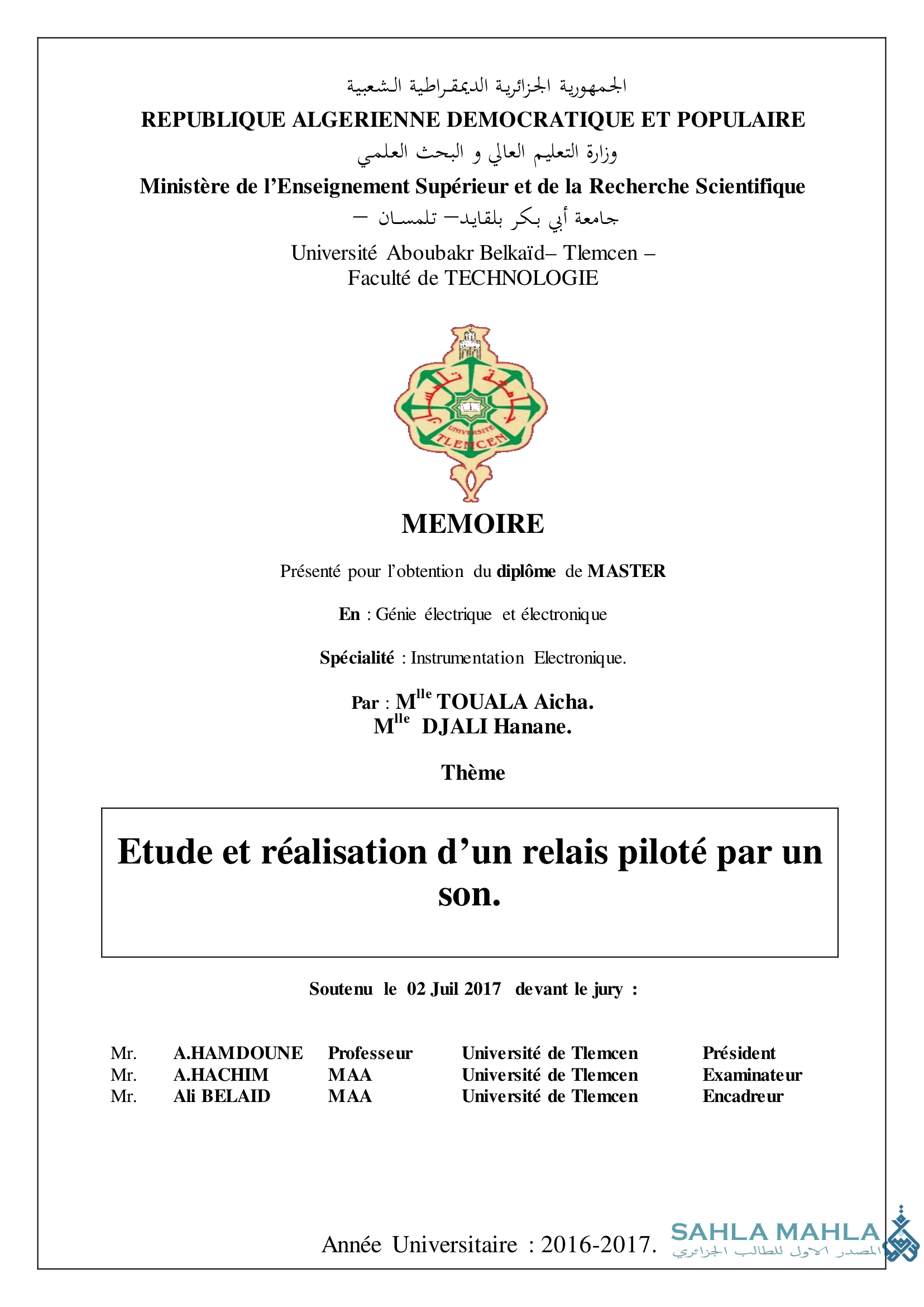 Etude et réalisation d'un relais piloté par un son.