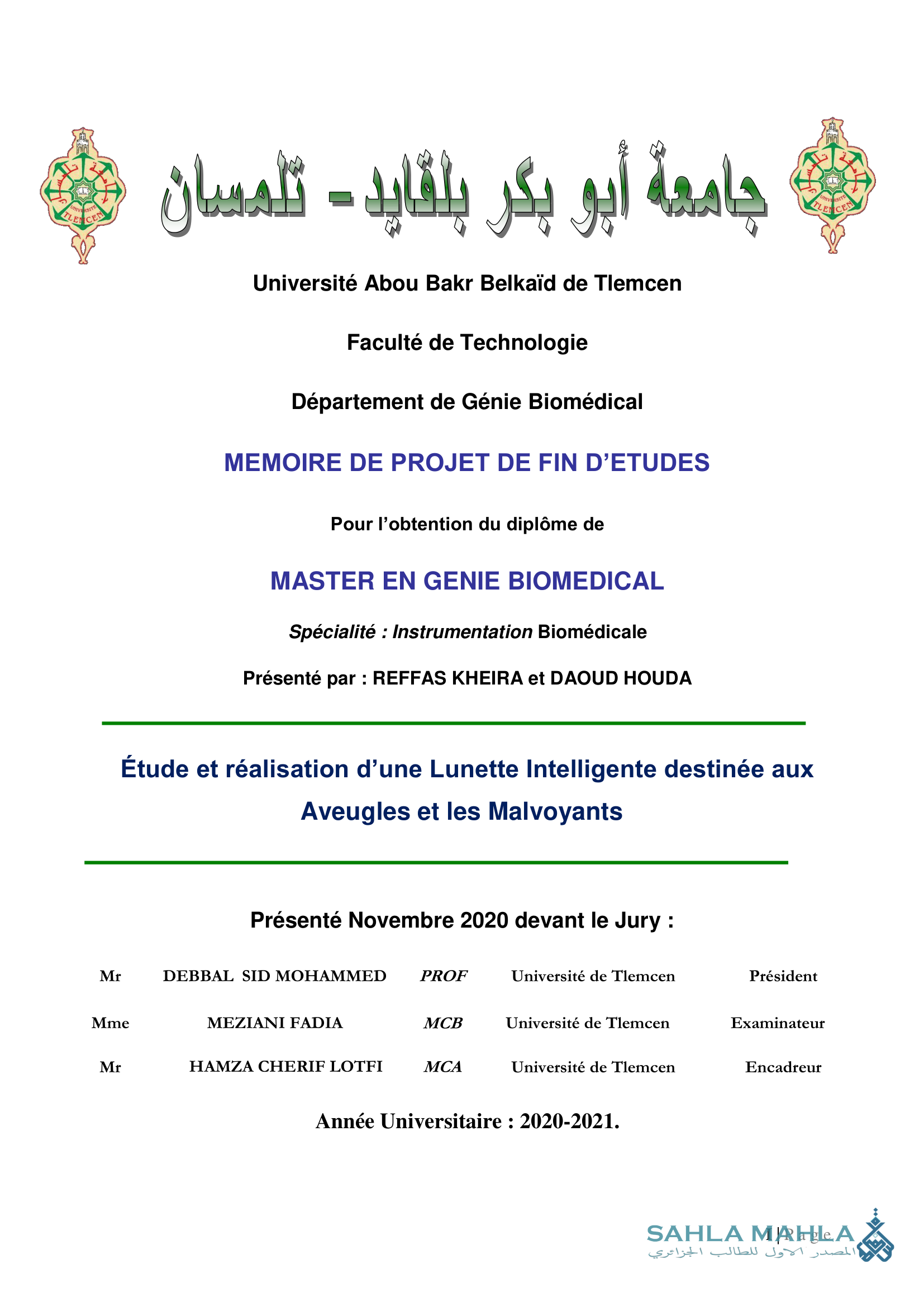 Étude et réalisation d'une Lunette Intelligente destinée aux Aveugles et les Malvoyants