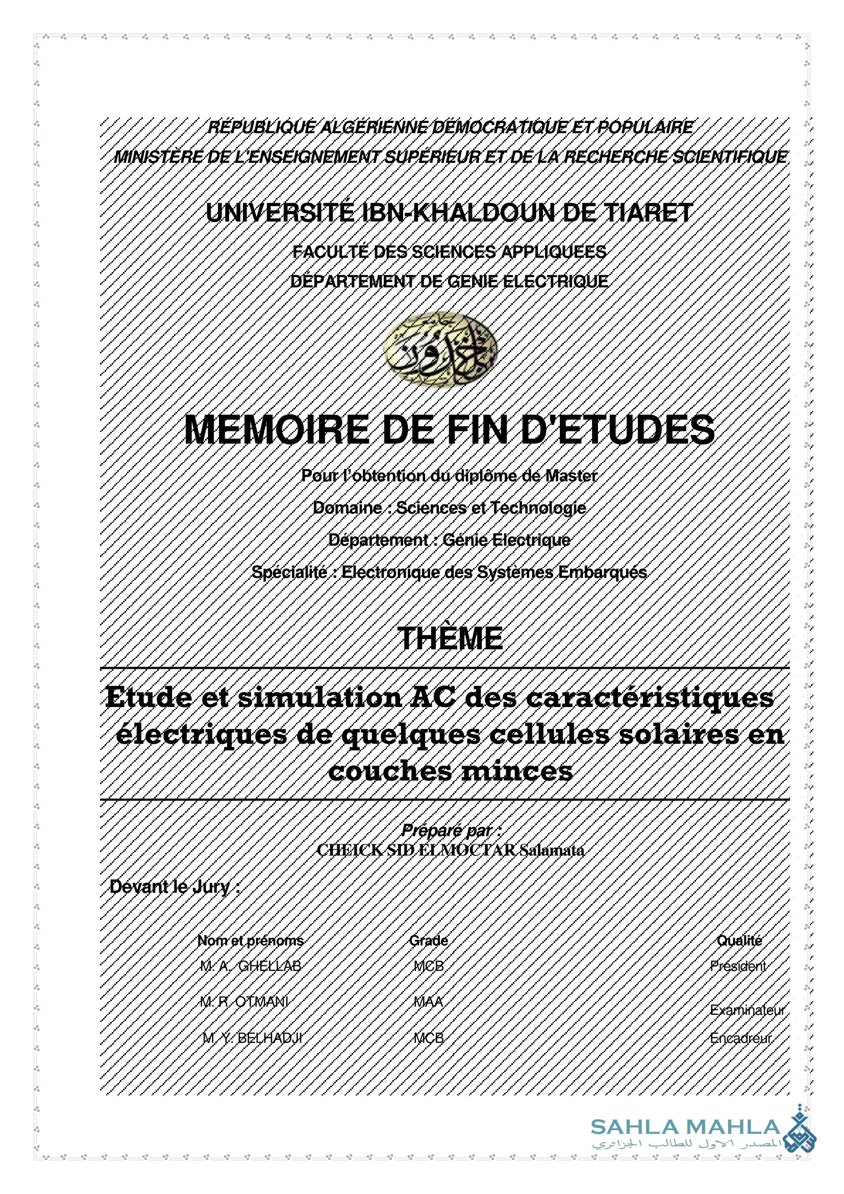 Etude et simulation AC des caractéristiques électriques de quelques cellules solaires en Couches minces