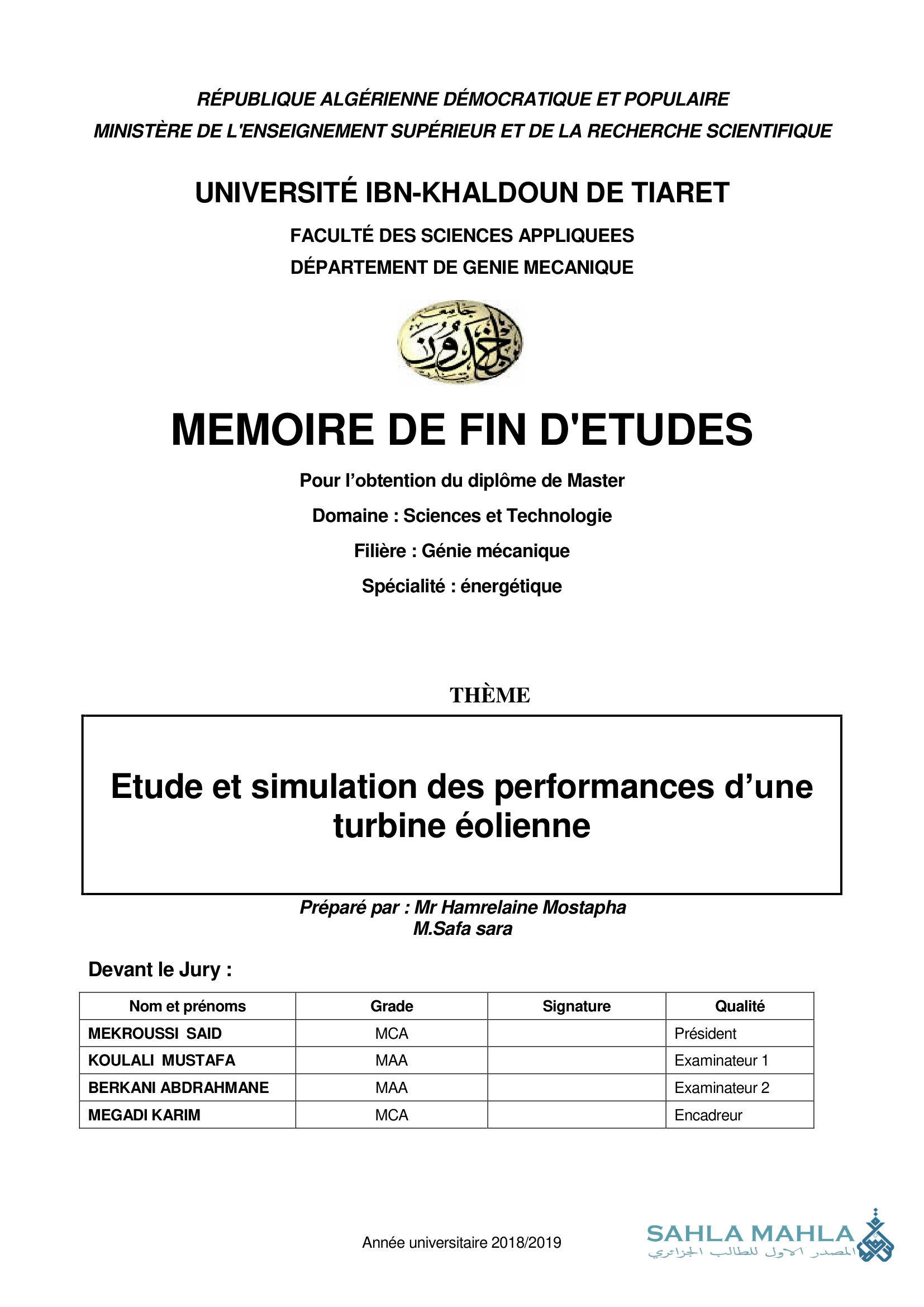 Etude et simulation des performances d'une turbine éolienne