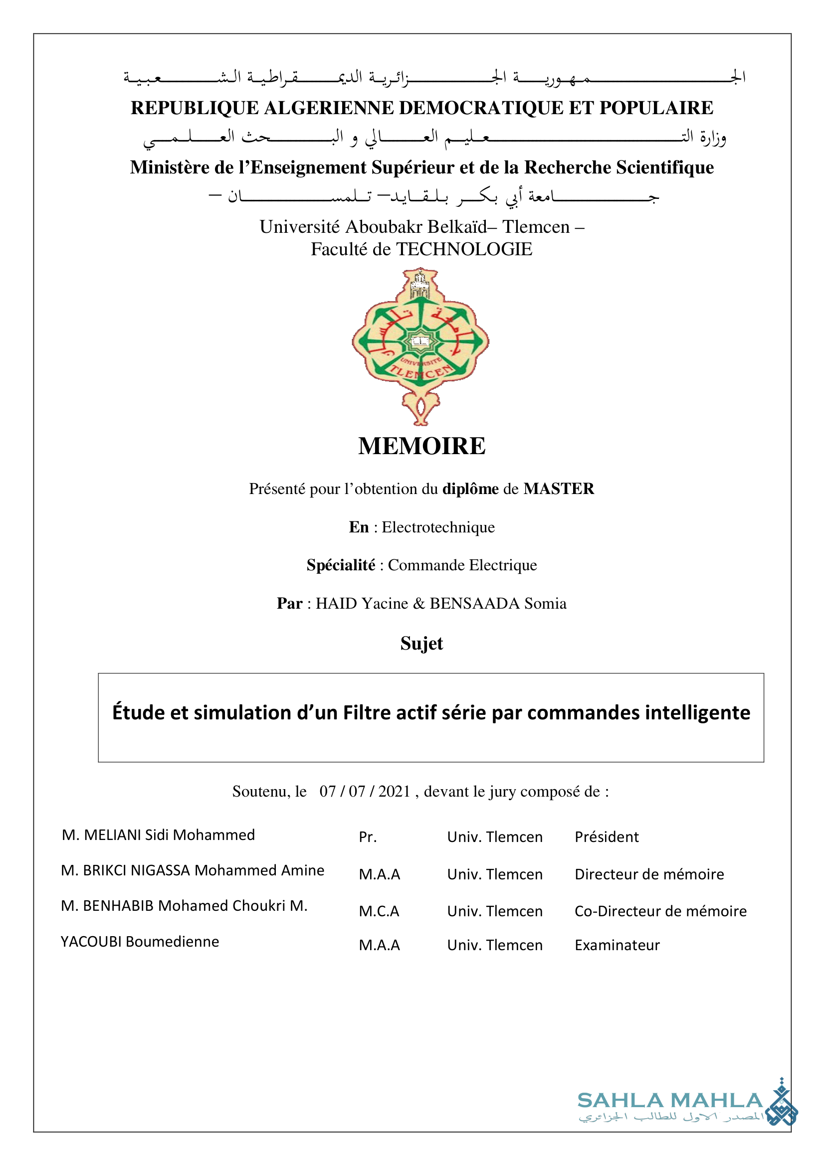 Étude et simulation d'un Filtre actif série par commandes intelligente