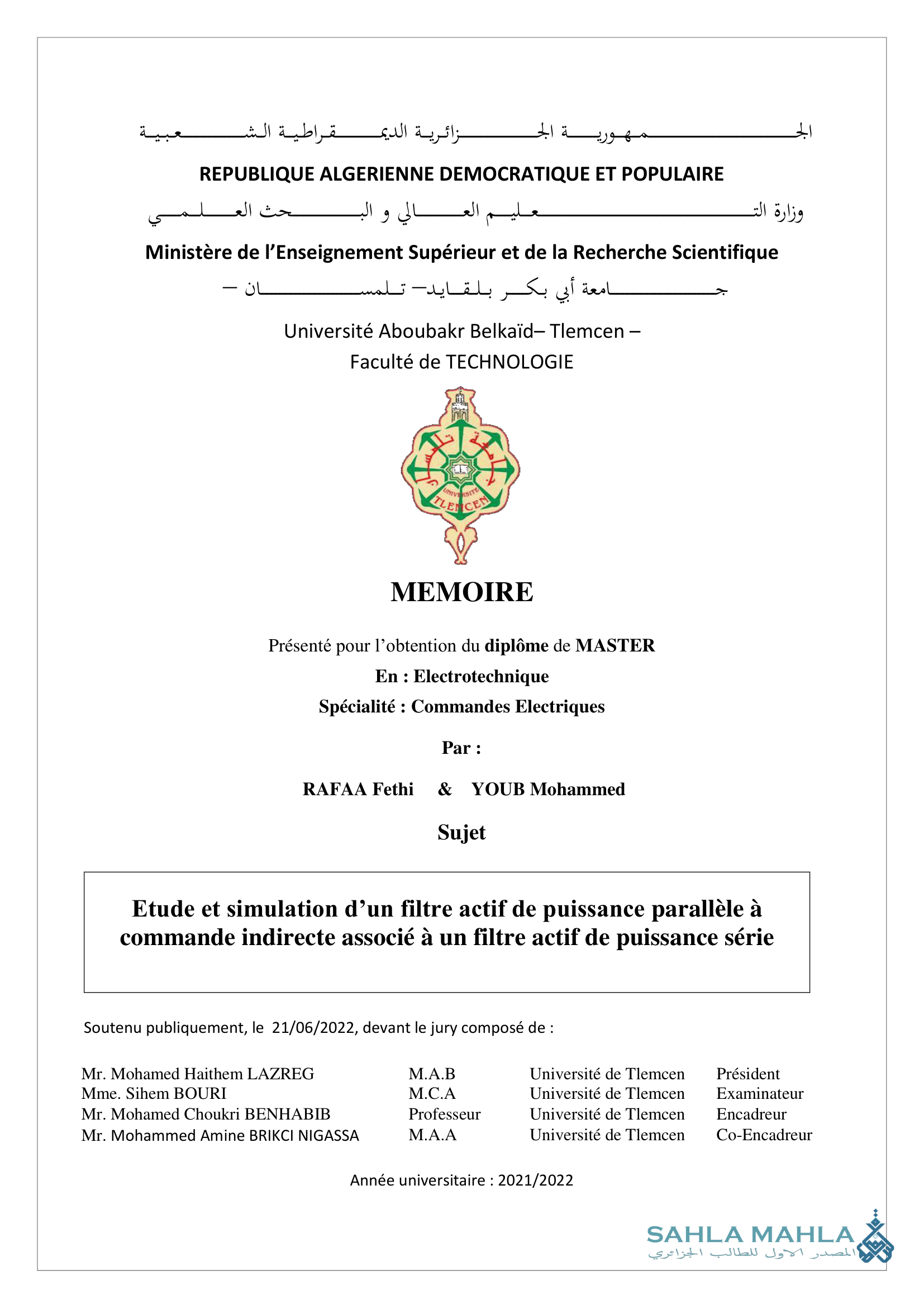 Etude et simulation d'un filtre actif de puissance parallèle à commande indirecte associé à un filtre actif de puissance série