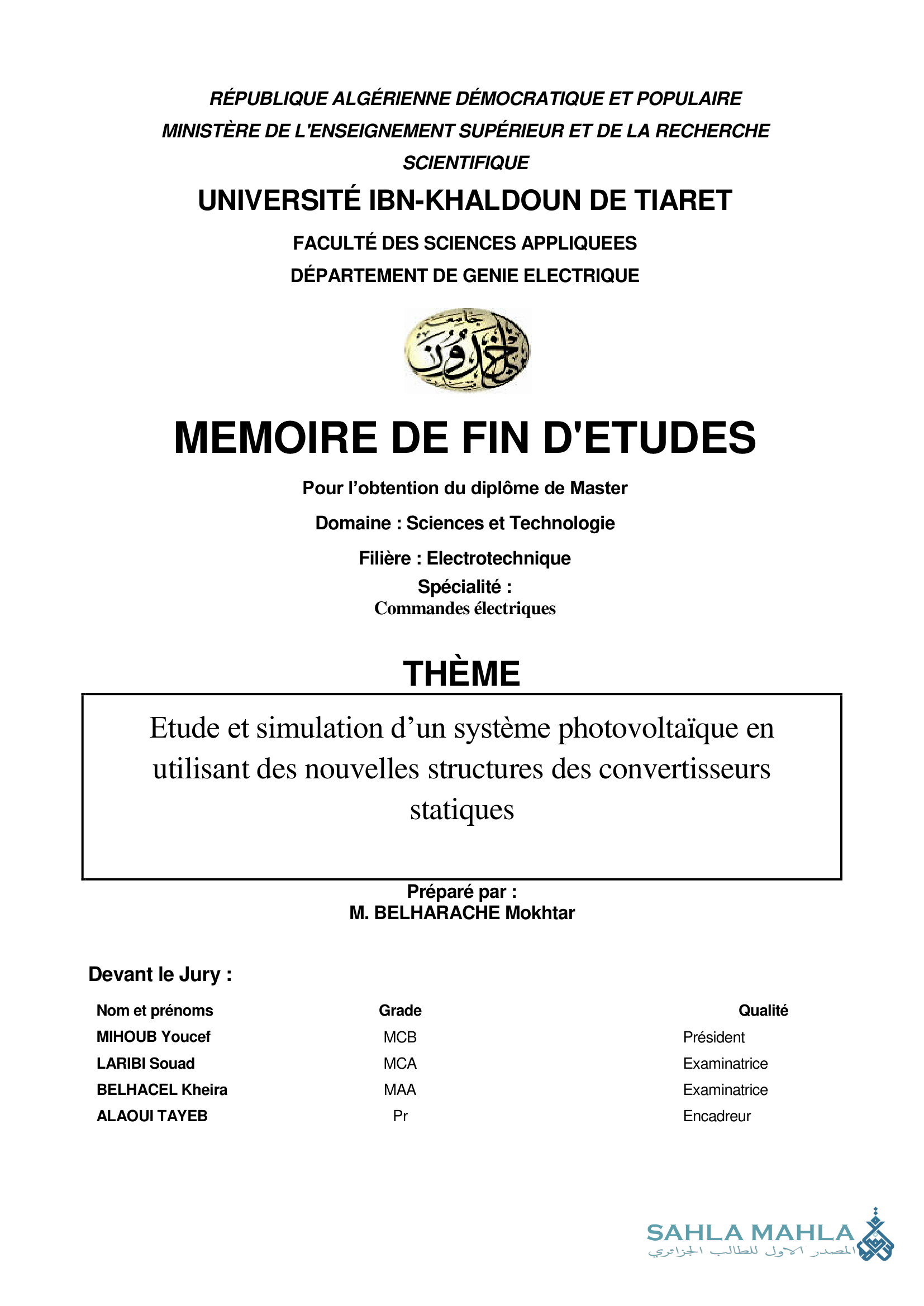 Etude et simulation d'un système photovoltaïque en utilisant des nouvelles structures des convertisseurs statiques