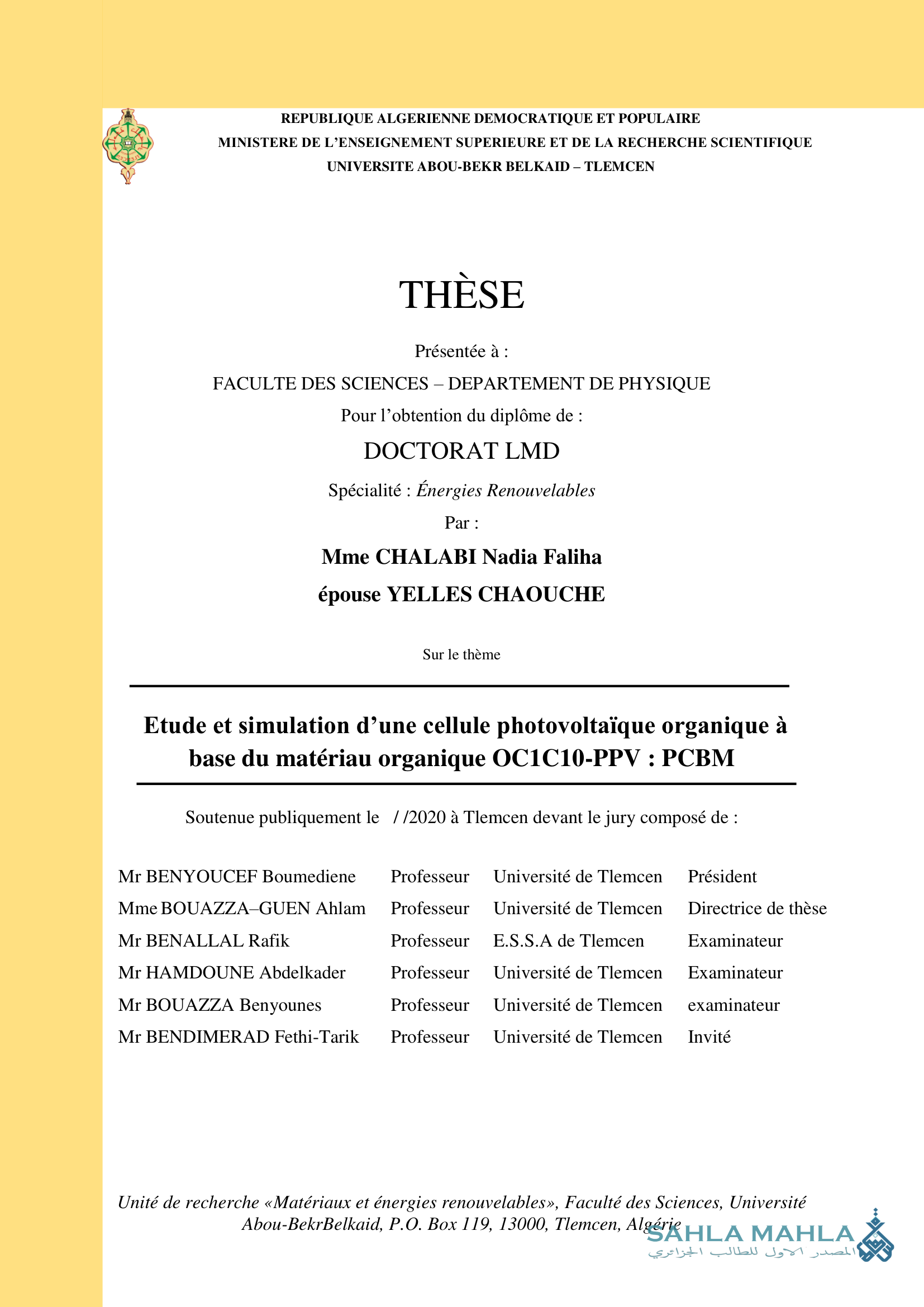 Etude et simulation d'une cellule photovoltaïque organique à base du matériau organique OC1C10-PPV : PCBM