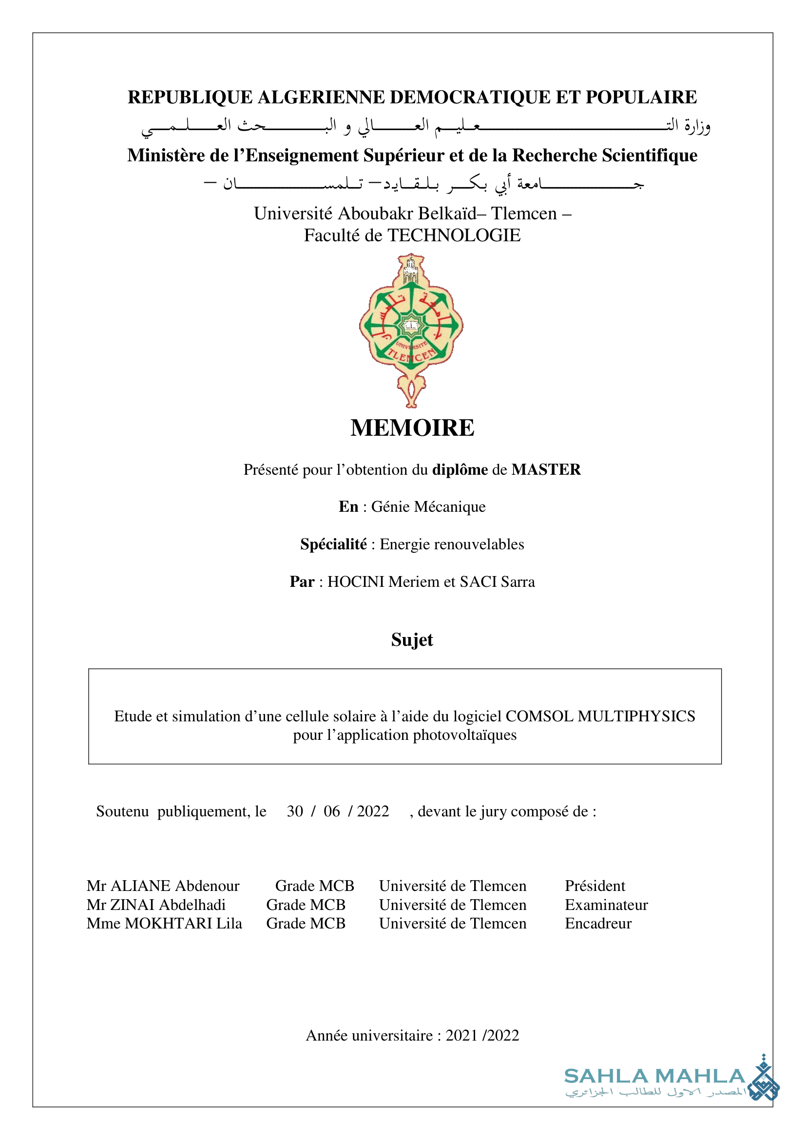 Etude et simulation d'une cellule solaire à l'aide du logiciel COMSOL MULTIPHYSICS pour l'application photovoltaïques