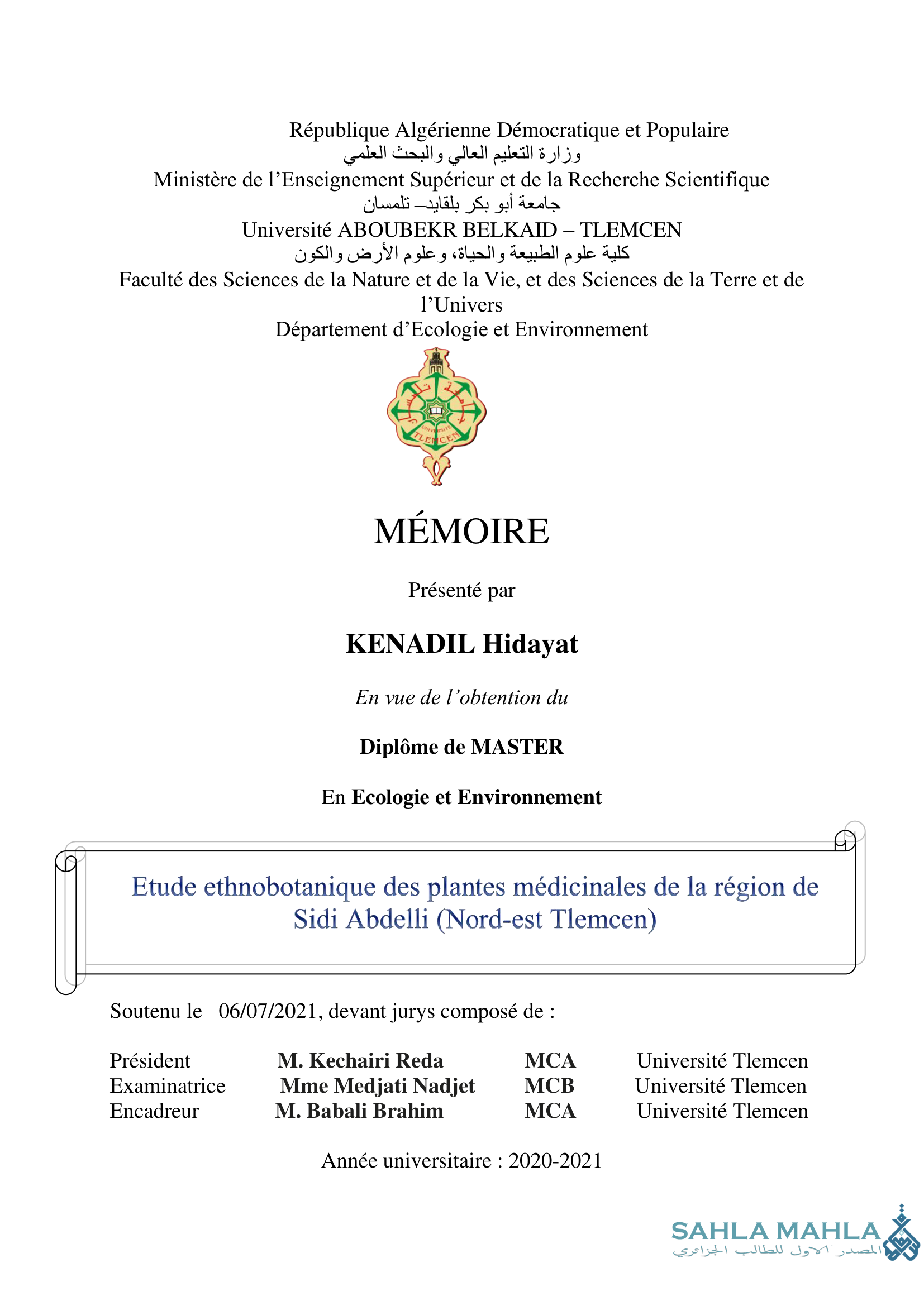 Etude ethnobotanique des plantes médicinales de la région de Sidi Abdelli (Nord-est Tlemcen)