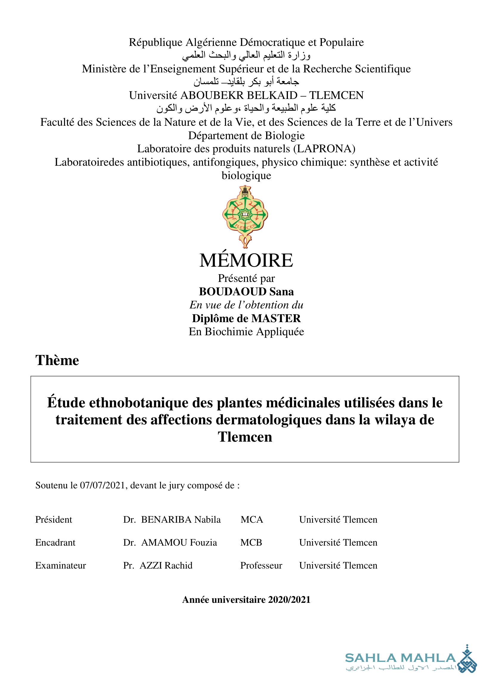 Étude ethnobotanique des plantes médicinales utilisées dans le traitement des affections dermatologiques dans la wilaya de Tlemcen