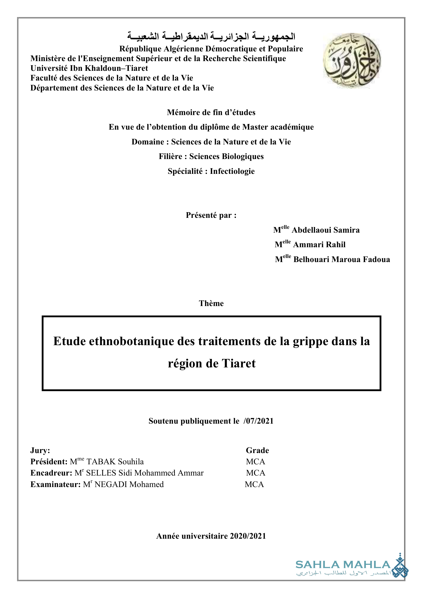 Etude ethnobotanique des traitements de la grippe dans la région de Tiaret