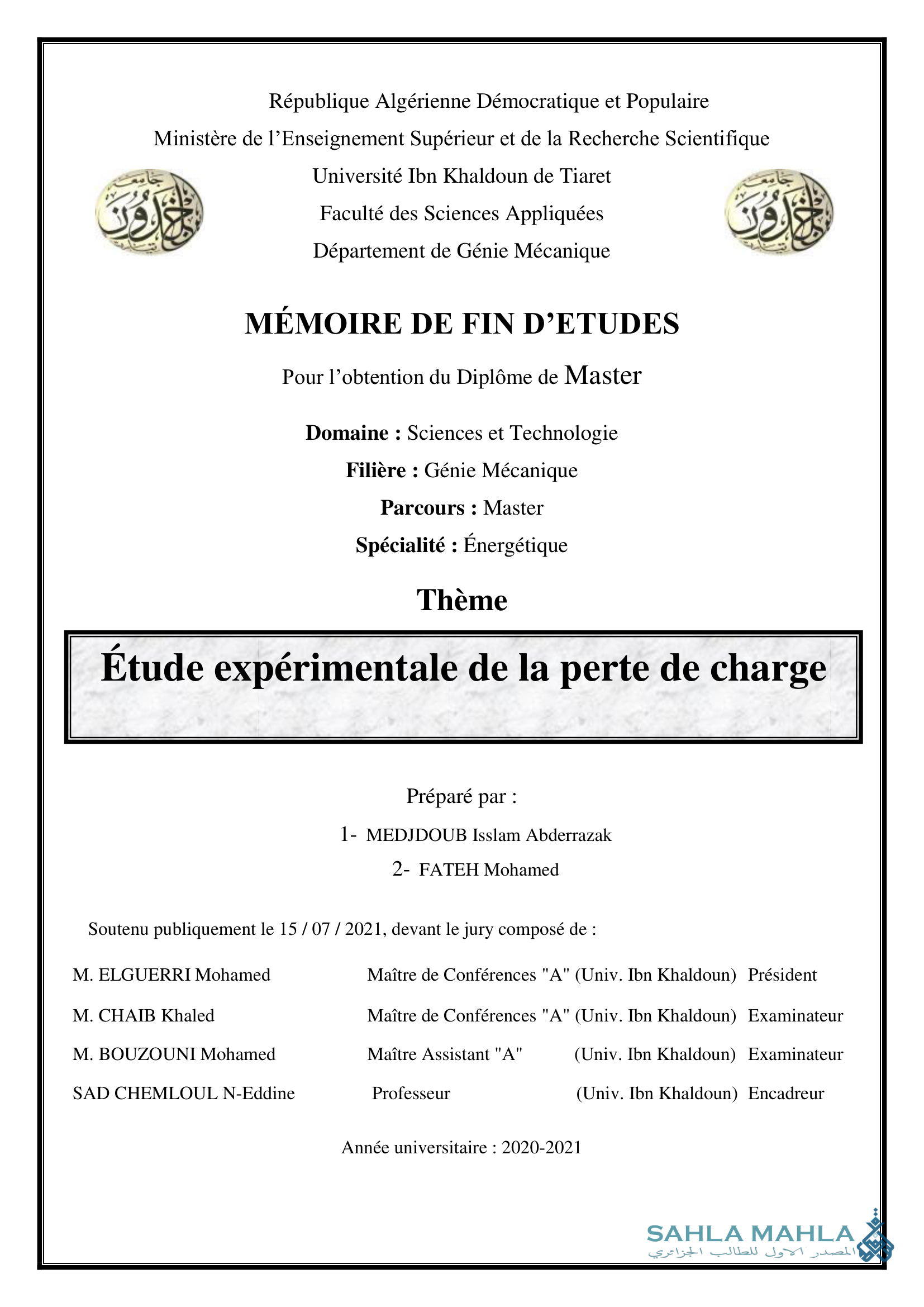 Étude expérimentale de la perte de charge