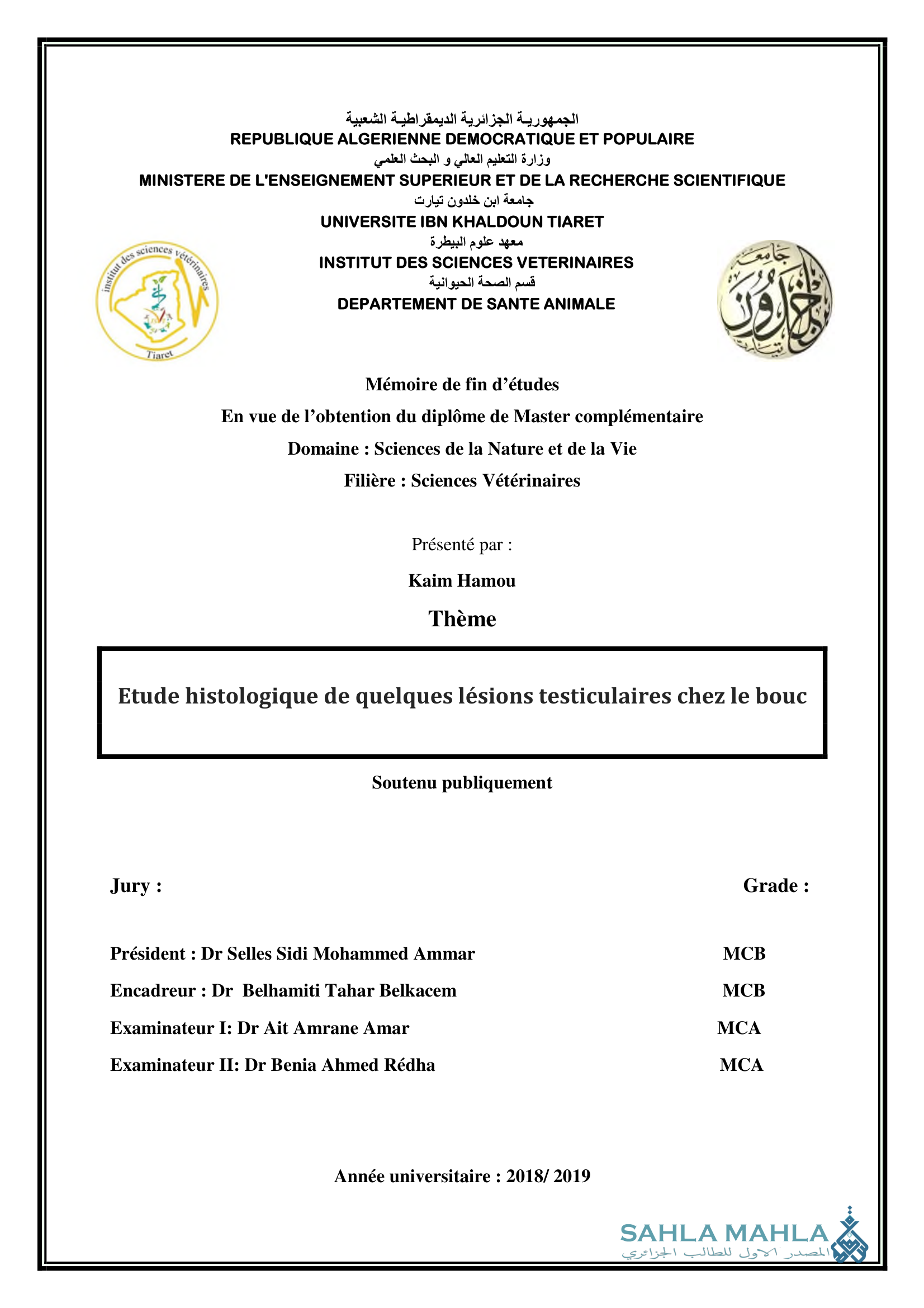Etude histologique de quelques lésions testiculaires chez le bouc
