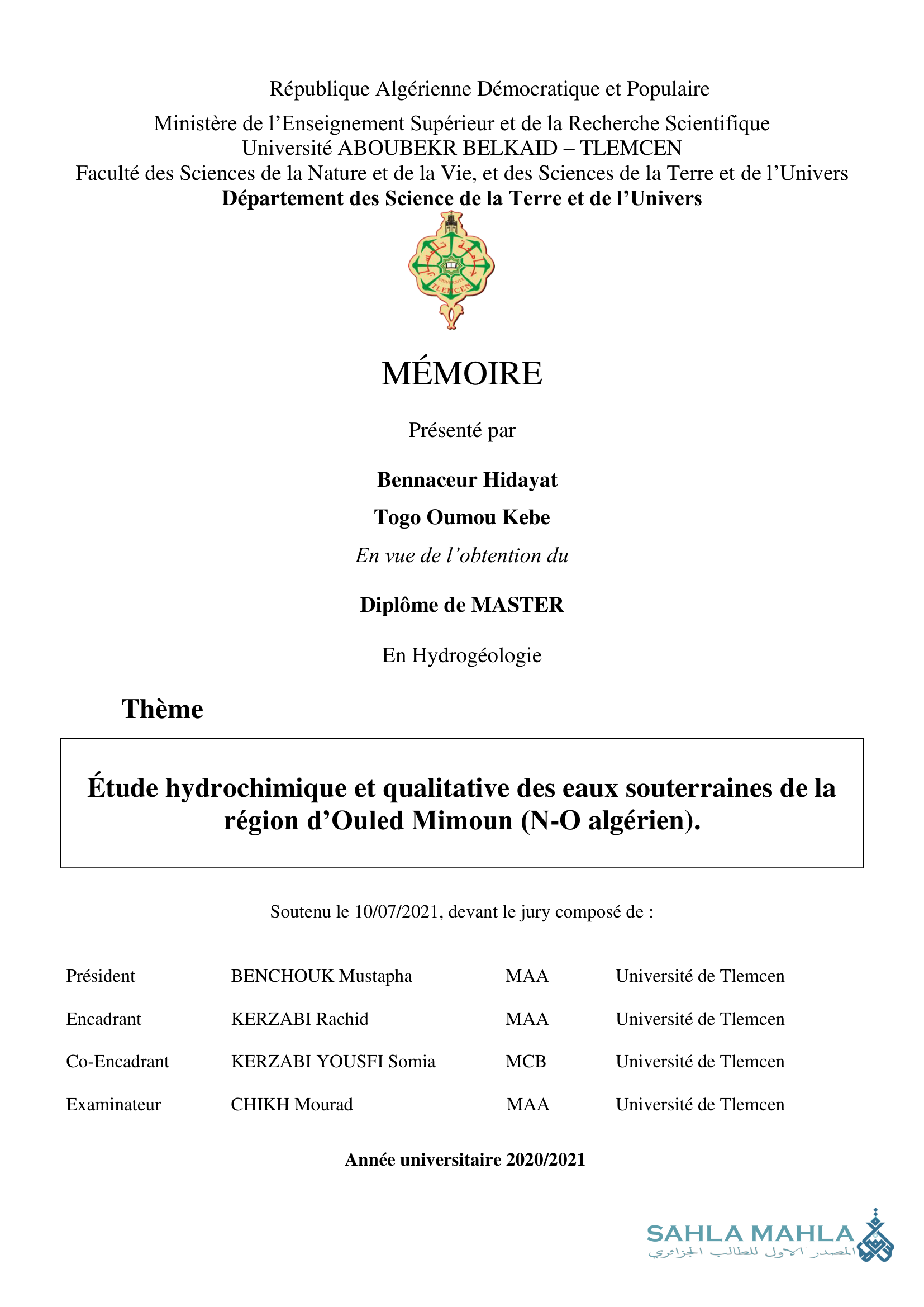 Étude hydrochimique et qualitative des eaux souterraines de la région d'Ouled Mimoun (N-O algérien).