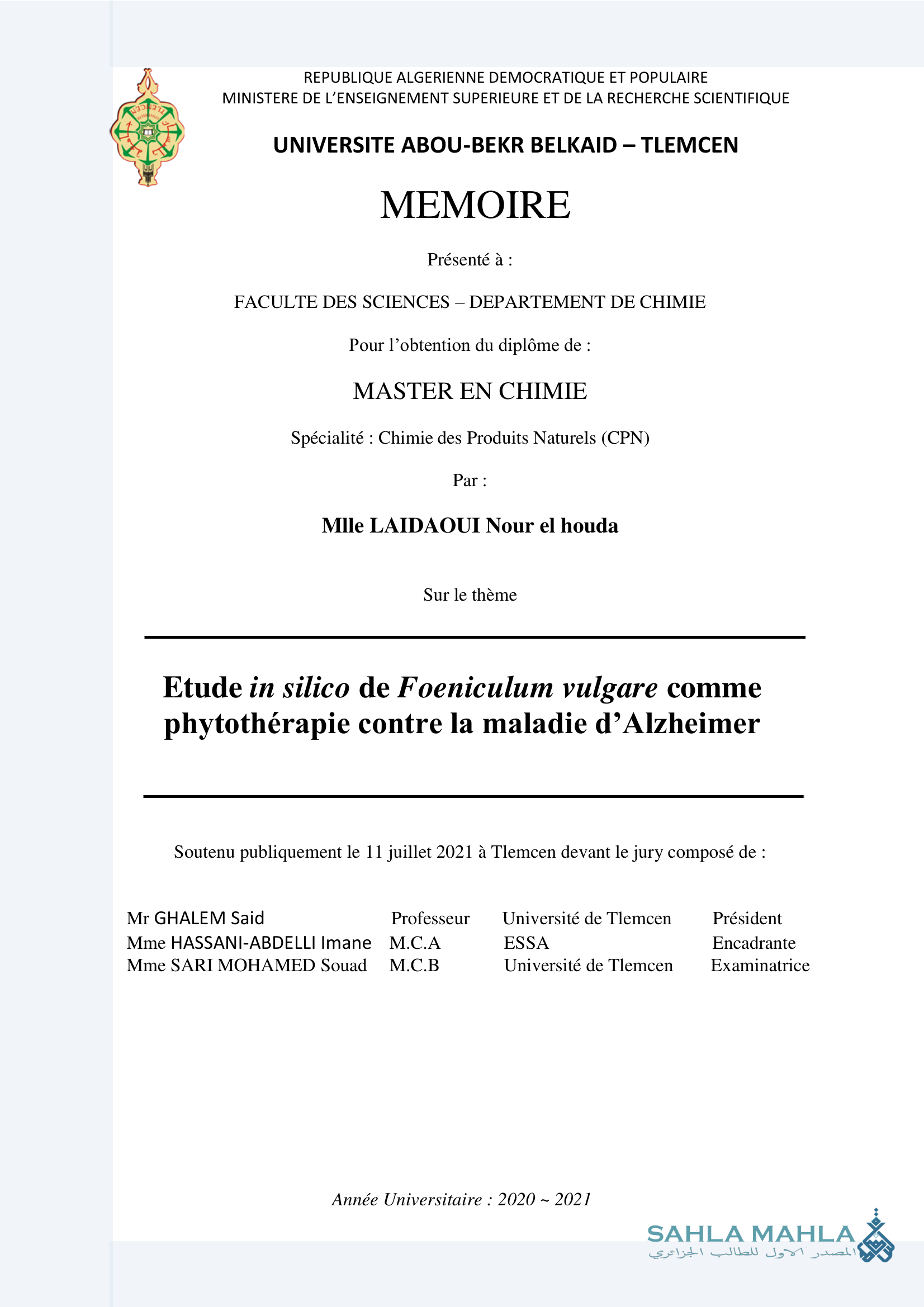 Etude in silico de Foeniculum vulgare comme phytothérapie contre la maladie d'Alzheimer