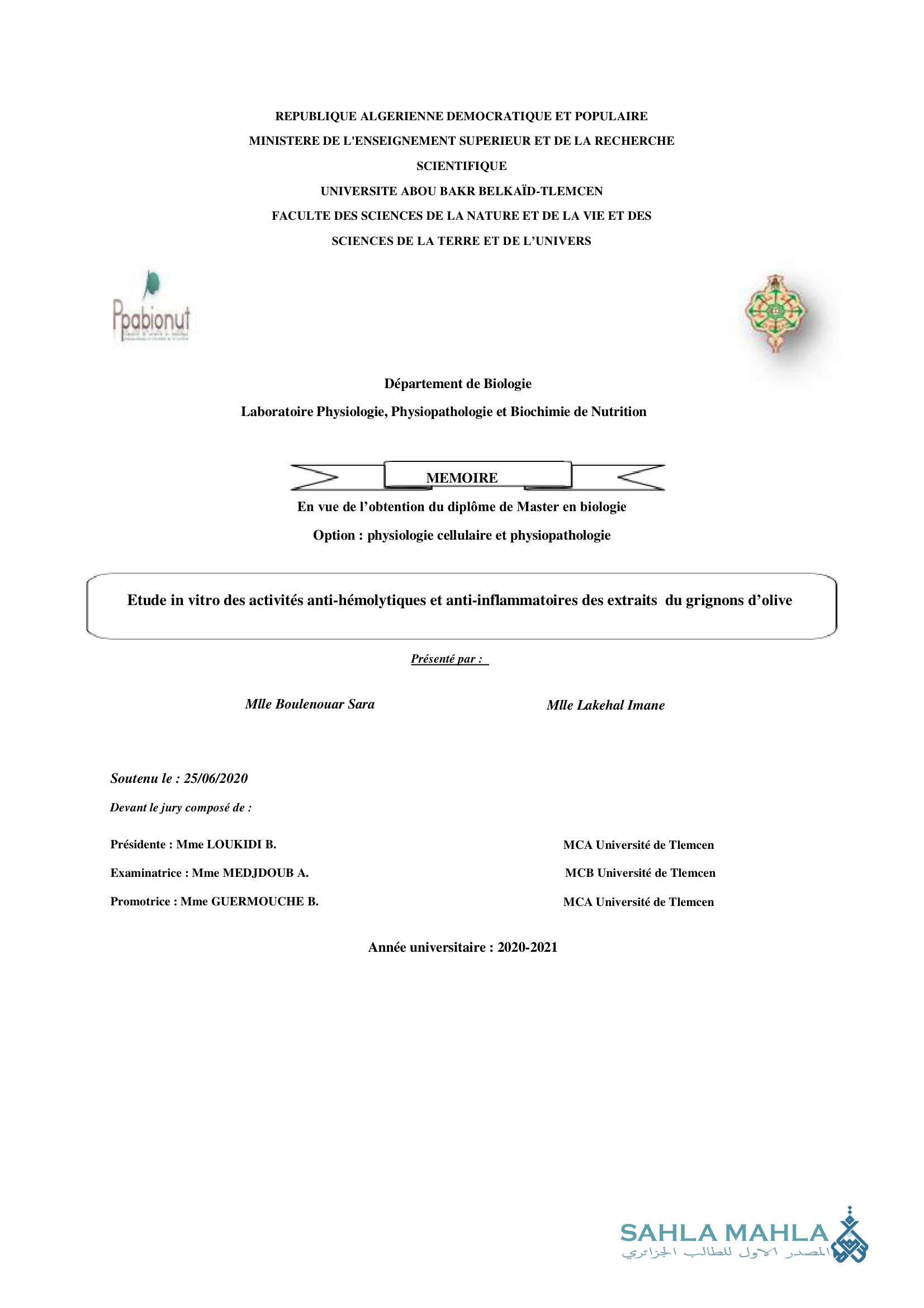 Etude in vitro des activités anti-hémolytiques et anti-inflammatoires des extraits du grignons d'olive