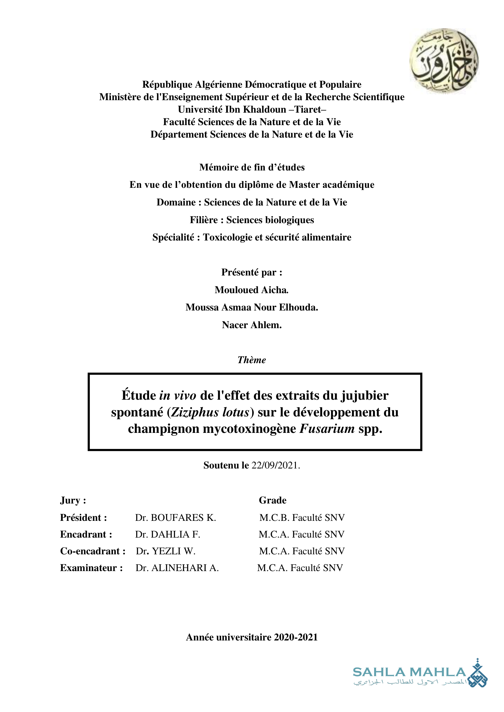 Étude in vivo de l'effet des extraits du jujubier spontané (Ziziphus lotus) sur le développement du champignon mycotoxinogène Fusarium spp.