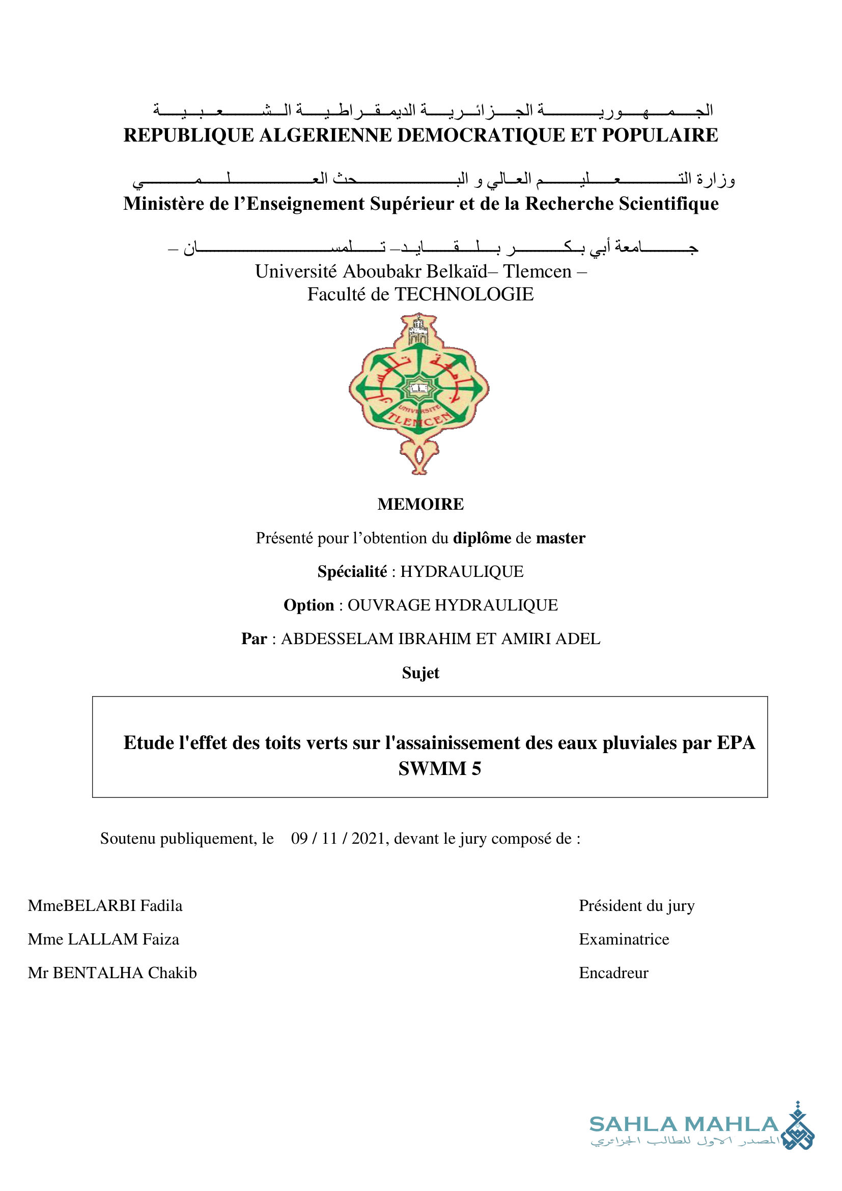 Etude l'effet des toits verts sur l'assainissement des eaux pluviales par EPA SWMM 5