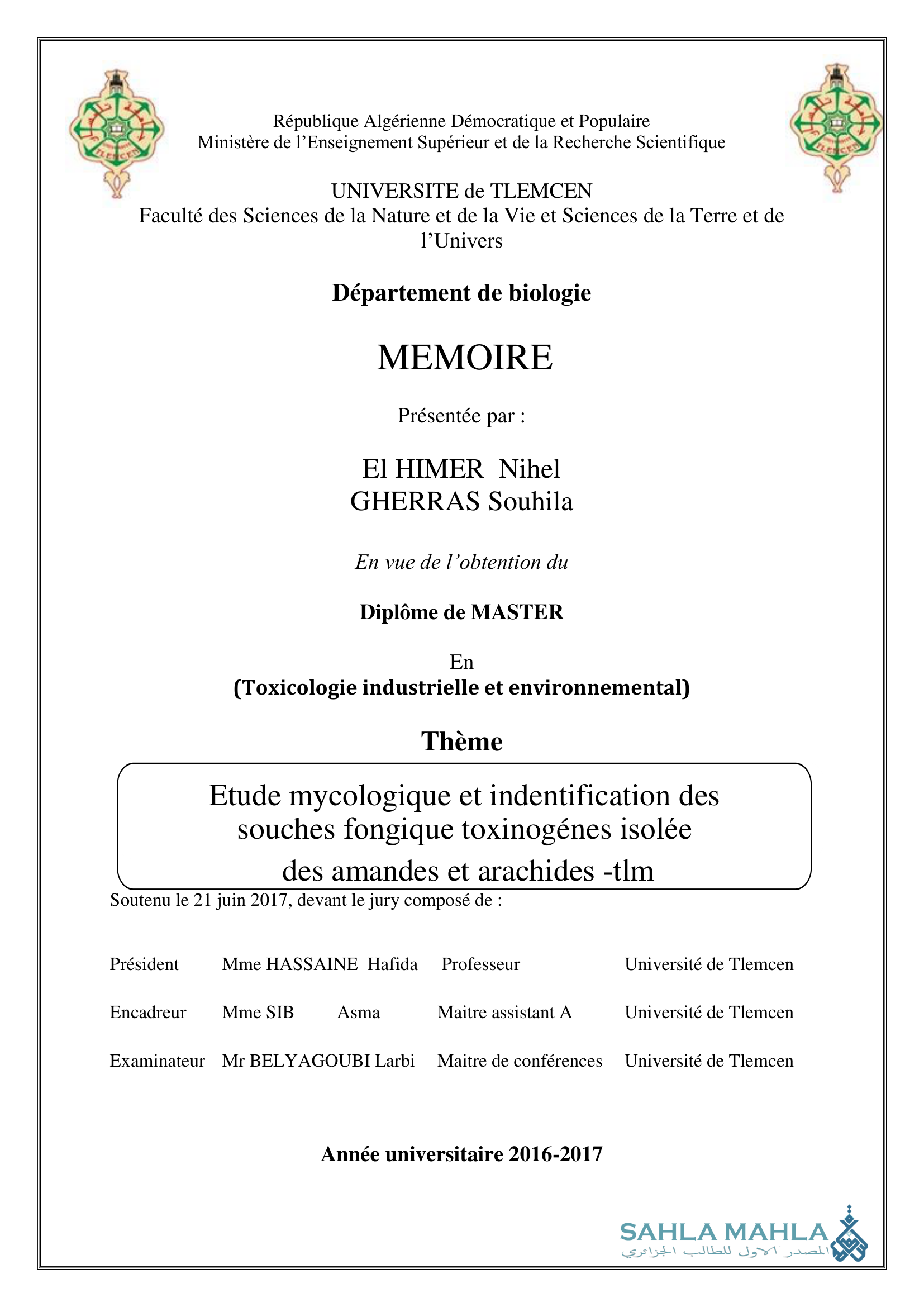 Etude mycologique et indentification des souches fongique toxinogénes isolée des amandes et arachides -tlm