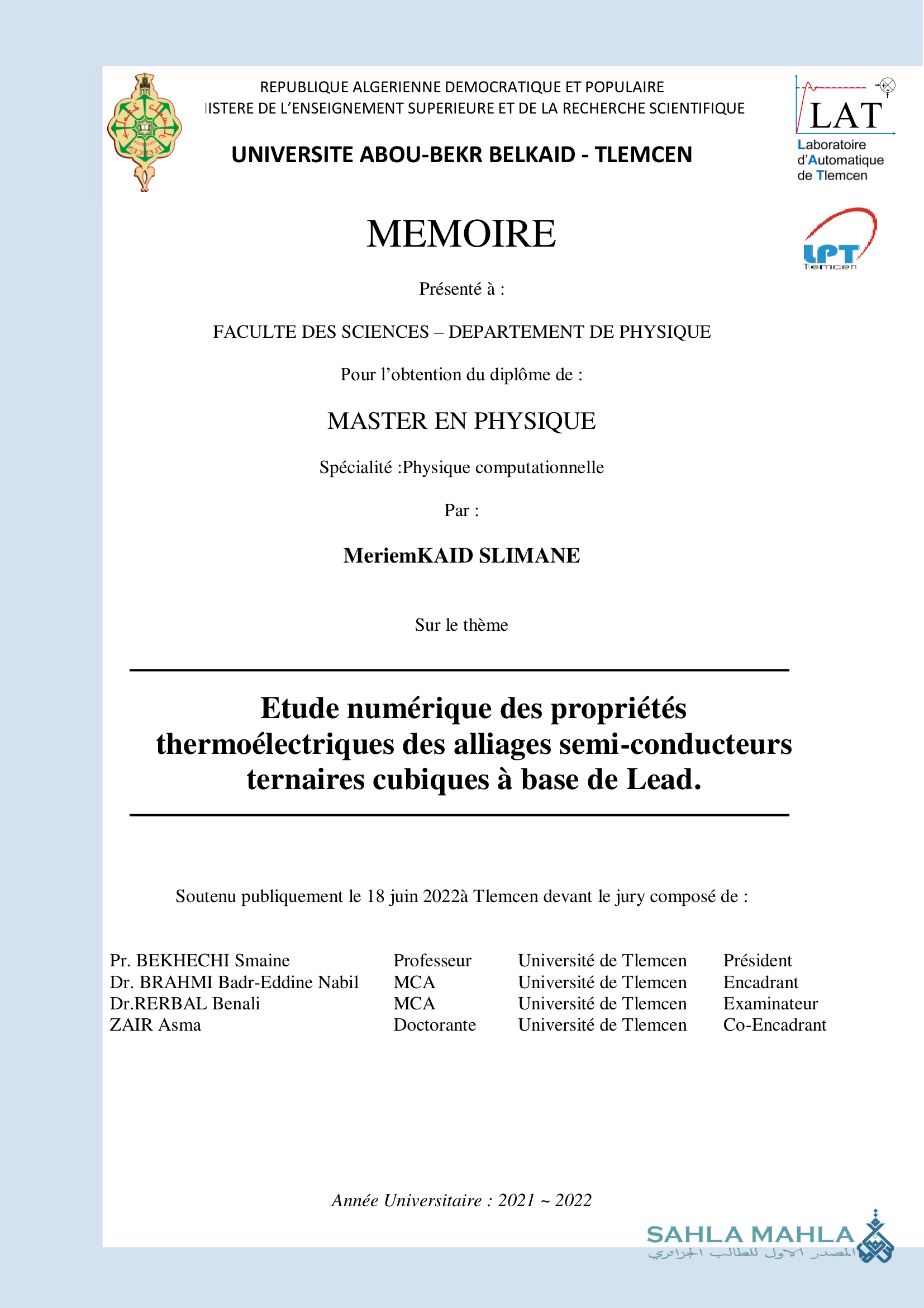 Etude numérique des propriétés thermoélectriques des alliages semi-conducteurs ternaires cubiques à base de Lead.
