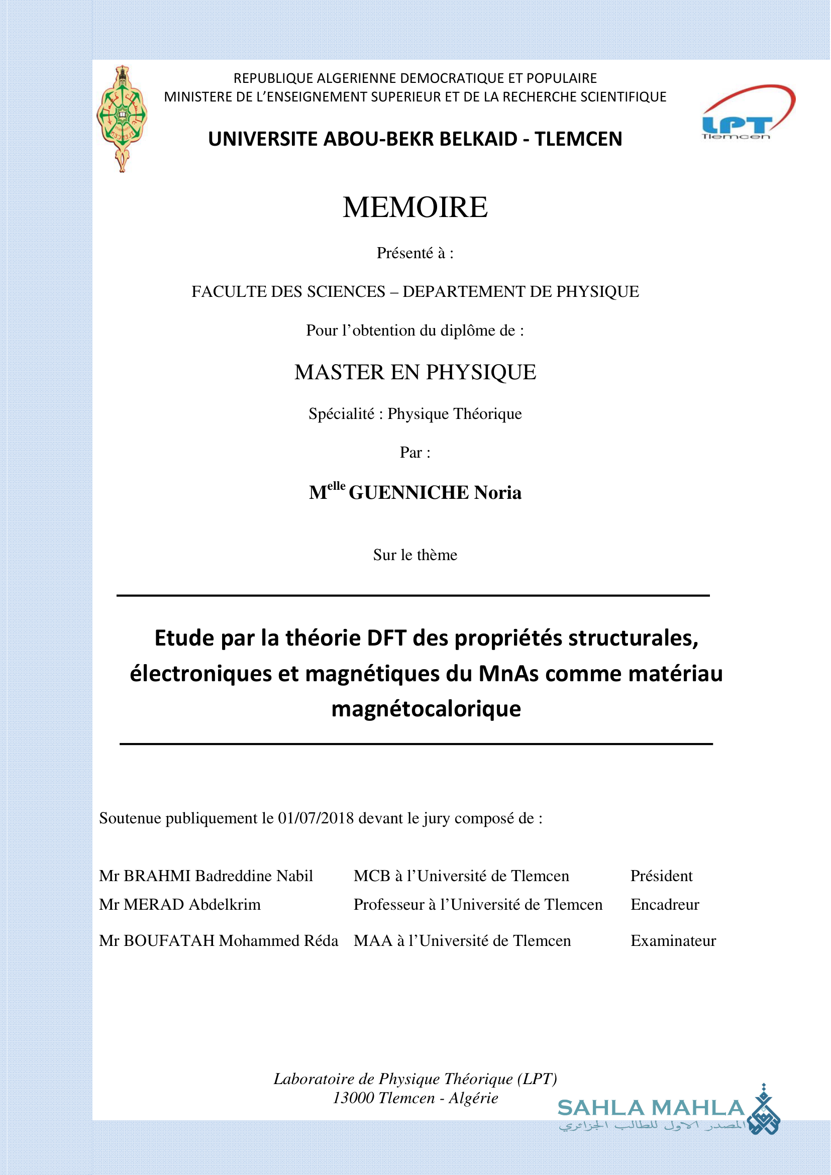 Etude par la théorie DFT des propriétés structurales, électroniques et magnétiques du MnAs comme matériau magnétocalorique