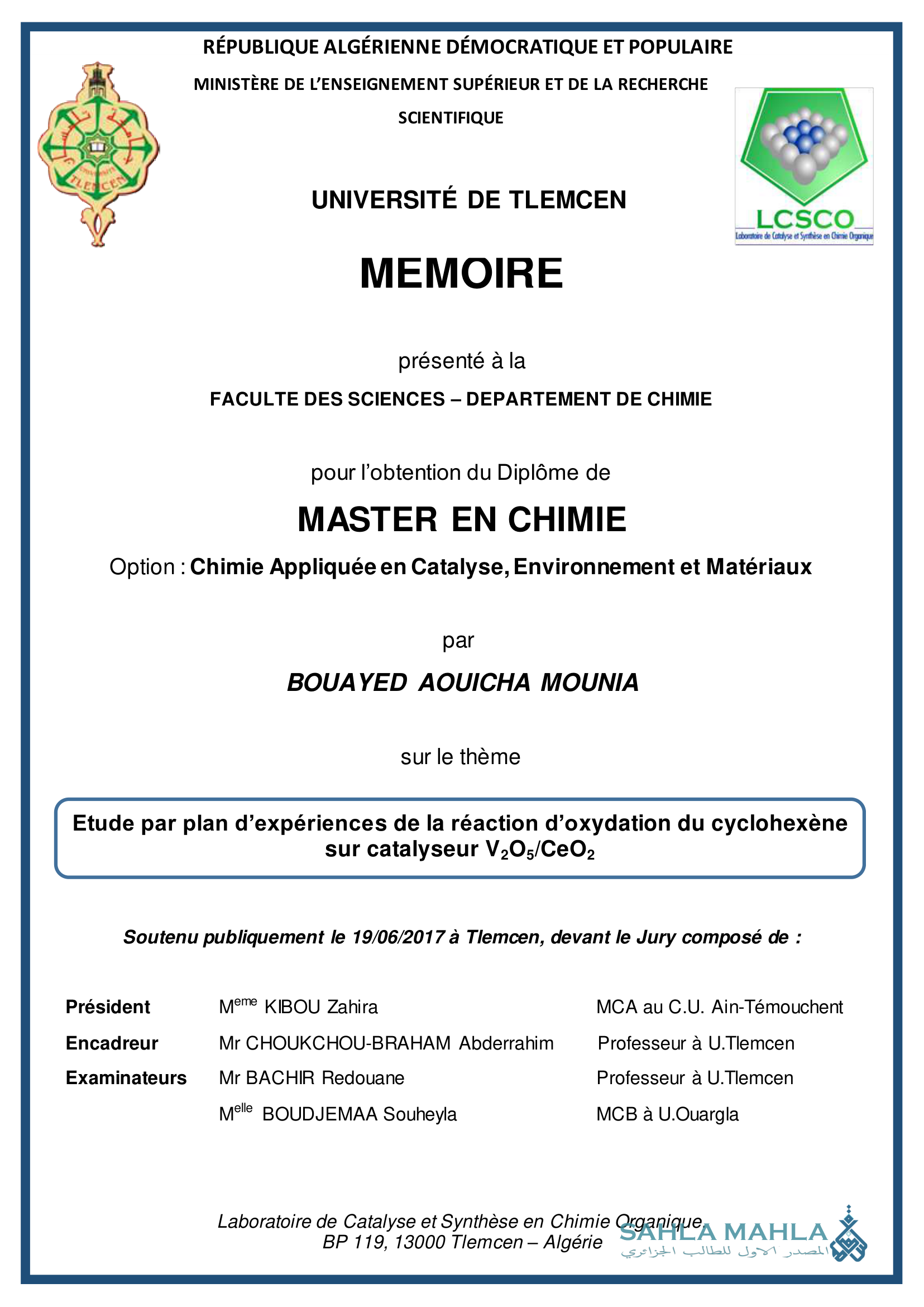 Etude par plan d'expériences de la réaction d'oxydation du cyclohexène sur catalyseur V2O5/CeO2
