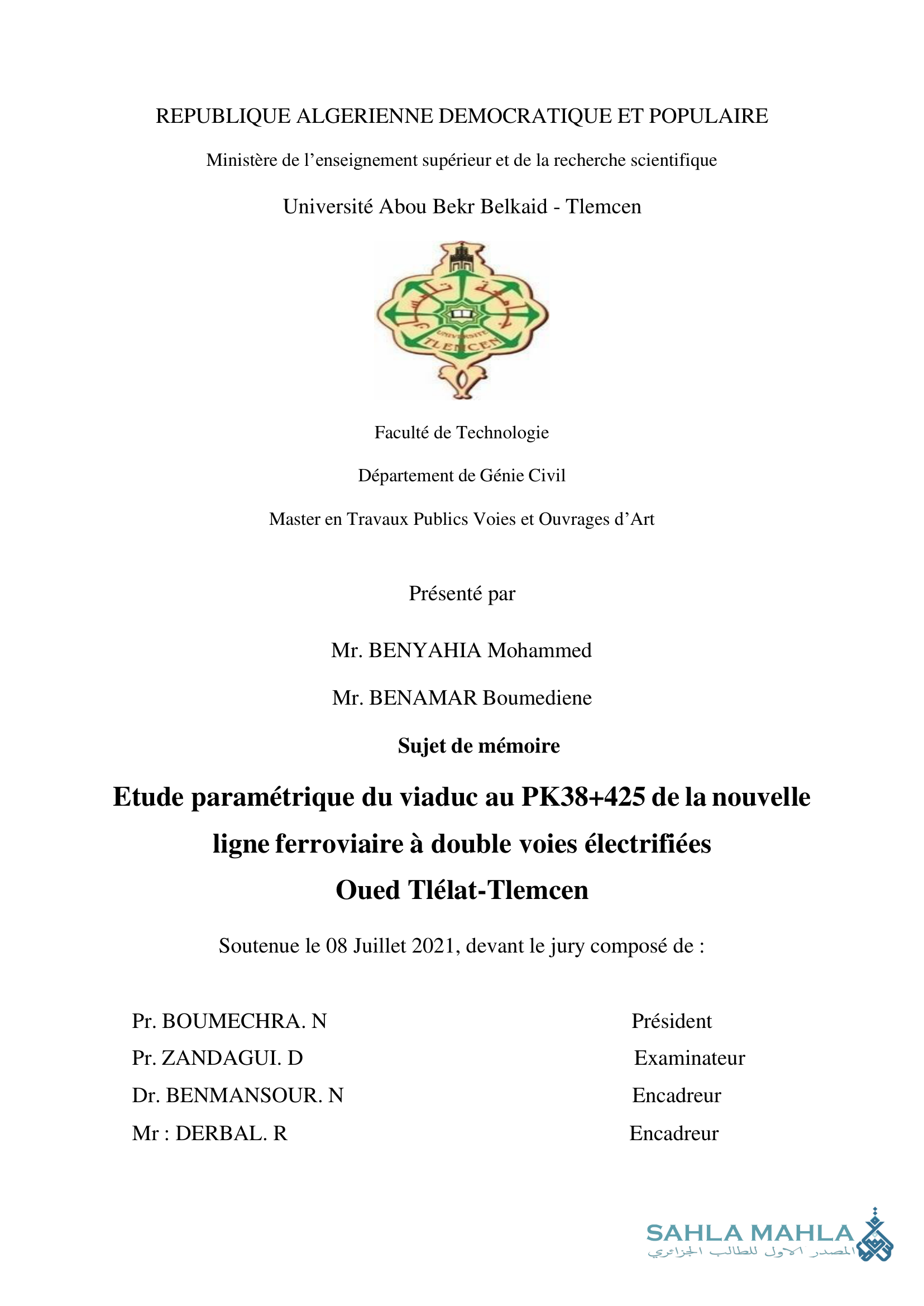 Etude paramétrique du viaduc au PK38+425 de la nouvelle ligne ferroviaire à double voies électrifiées Oued Tlélat-Tlemcen