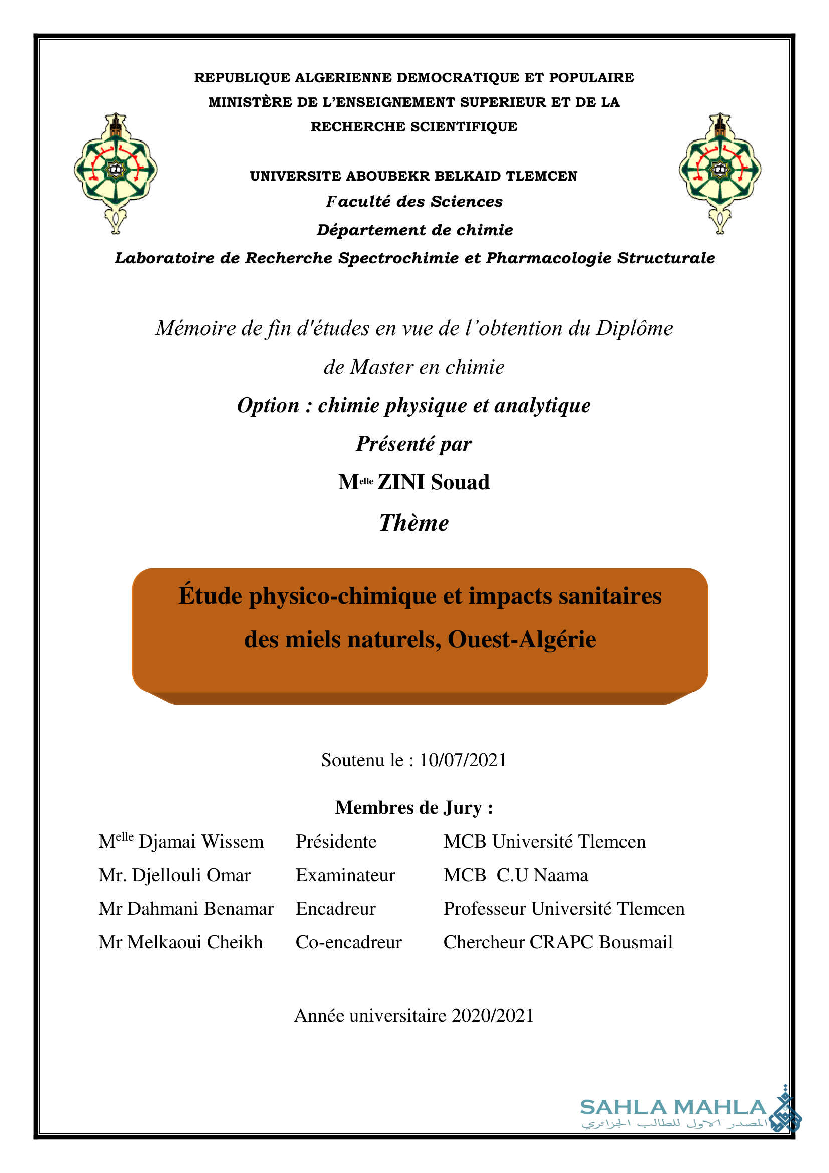 Étude physico-chimique et impacts sanitaires des miels naturels, Ouest-Algérie