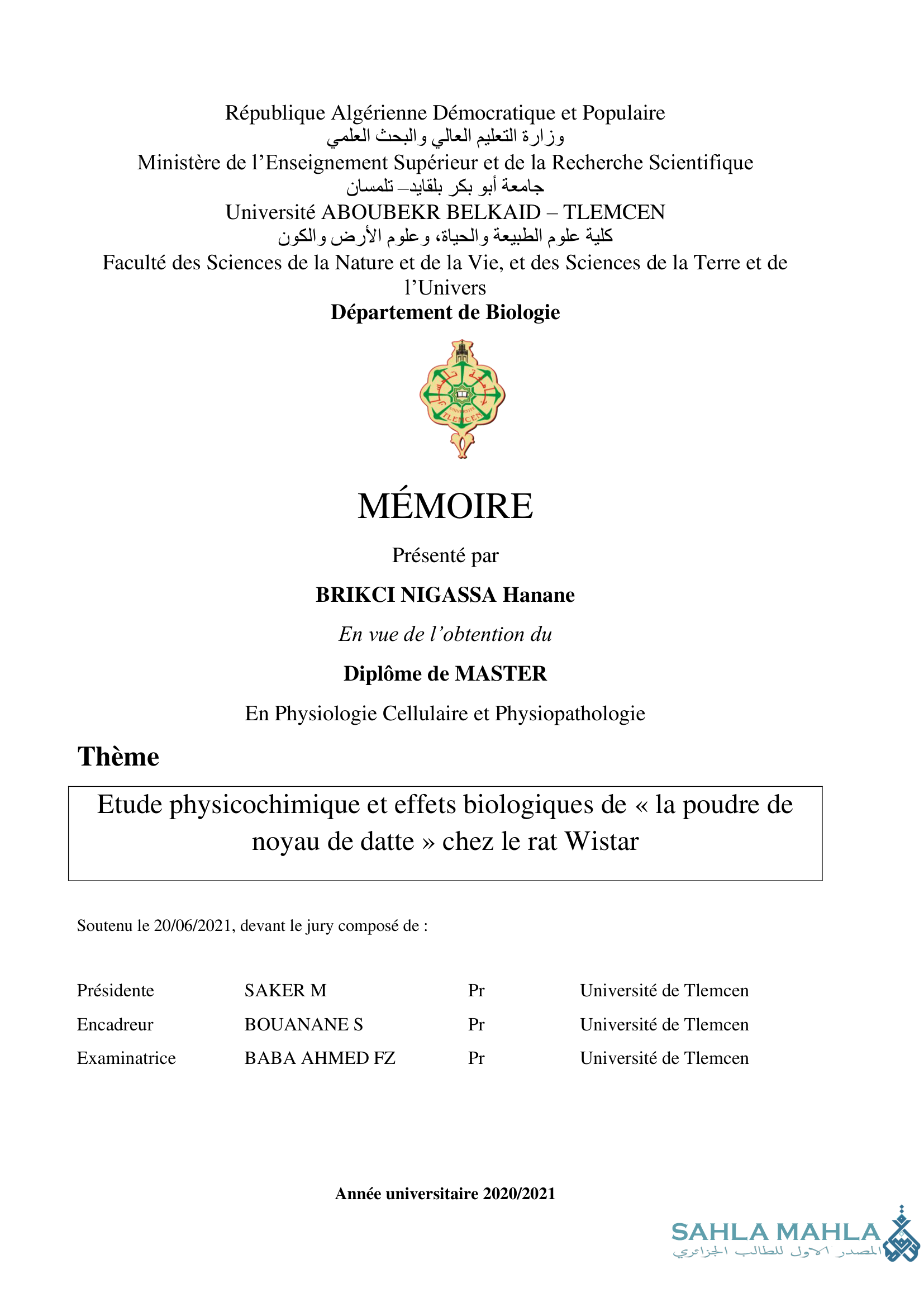 Etude physicochimique et effets biologiques de « la poudre de noyau de datte » chez le rat Wistar