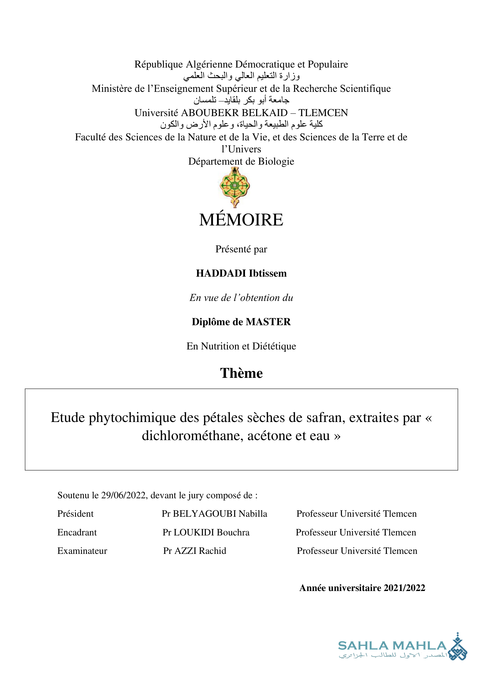 Etude phytochimique des pétales sèches de safran, extraites par « dichlorométhane, acétone et eau »