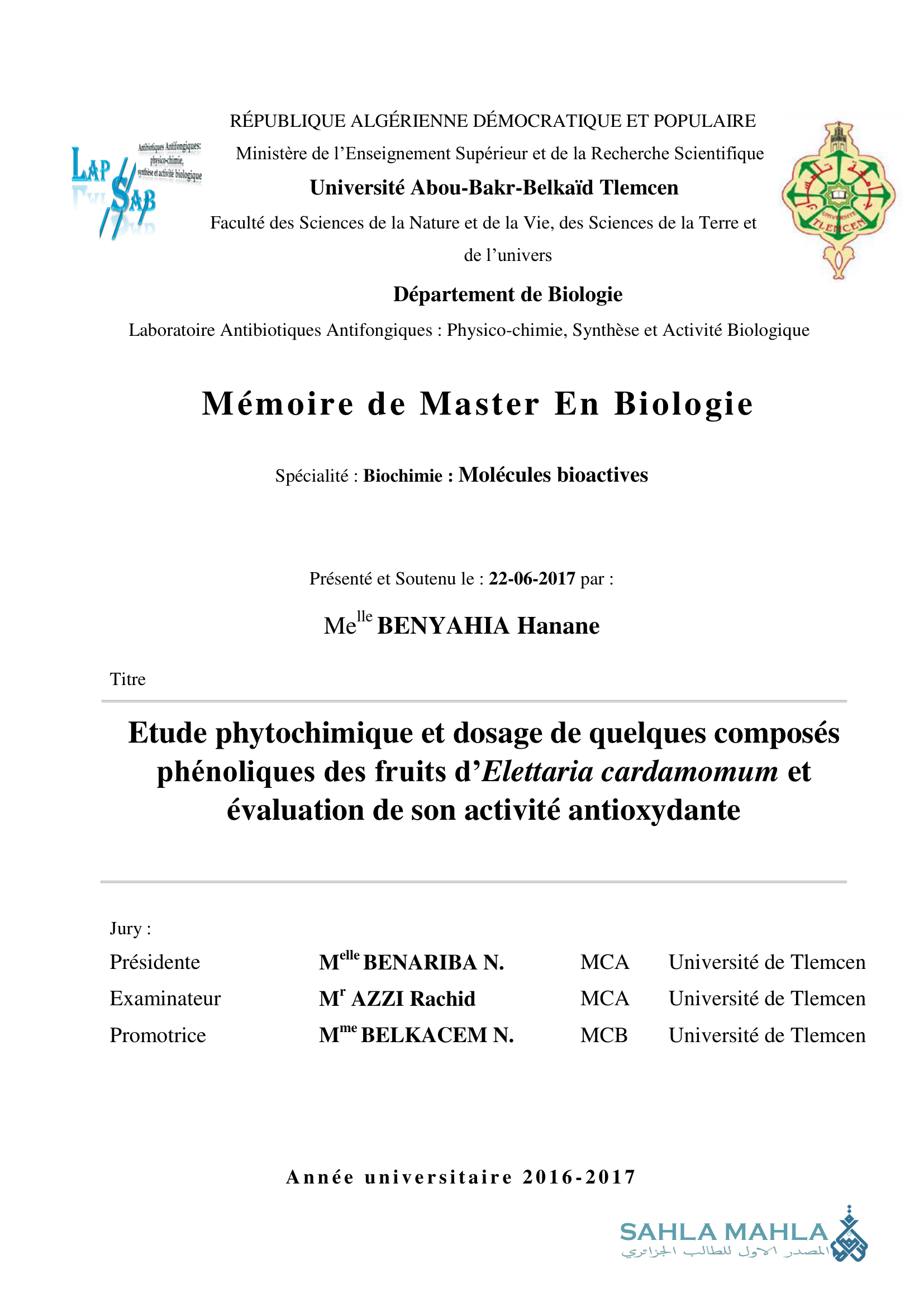 Etude phytochimique et dosage de quelques composes phénoliques des fruits d’Elettaria cardamomum et évaluation de son activité antioxydante