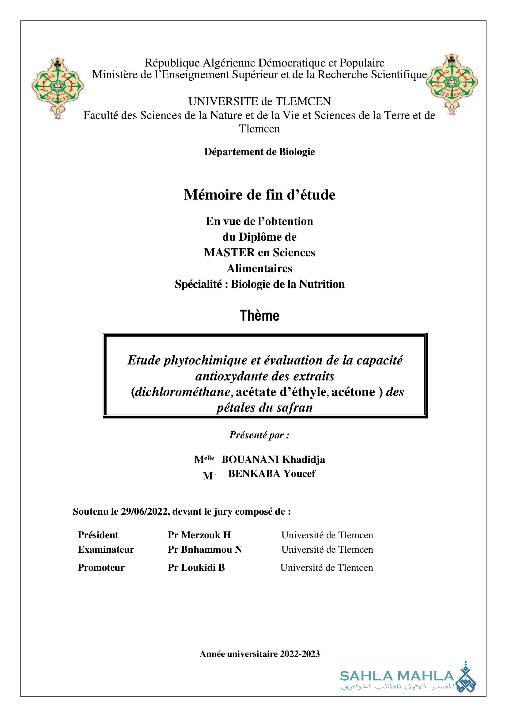 Etude phytochimique et évaluation de la capacité antioxydante des extraits (dichlorométhane, acétate d'éthyle, acétone) des pétales du safran
