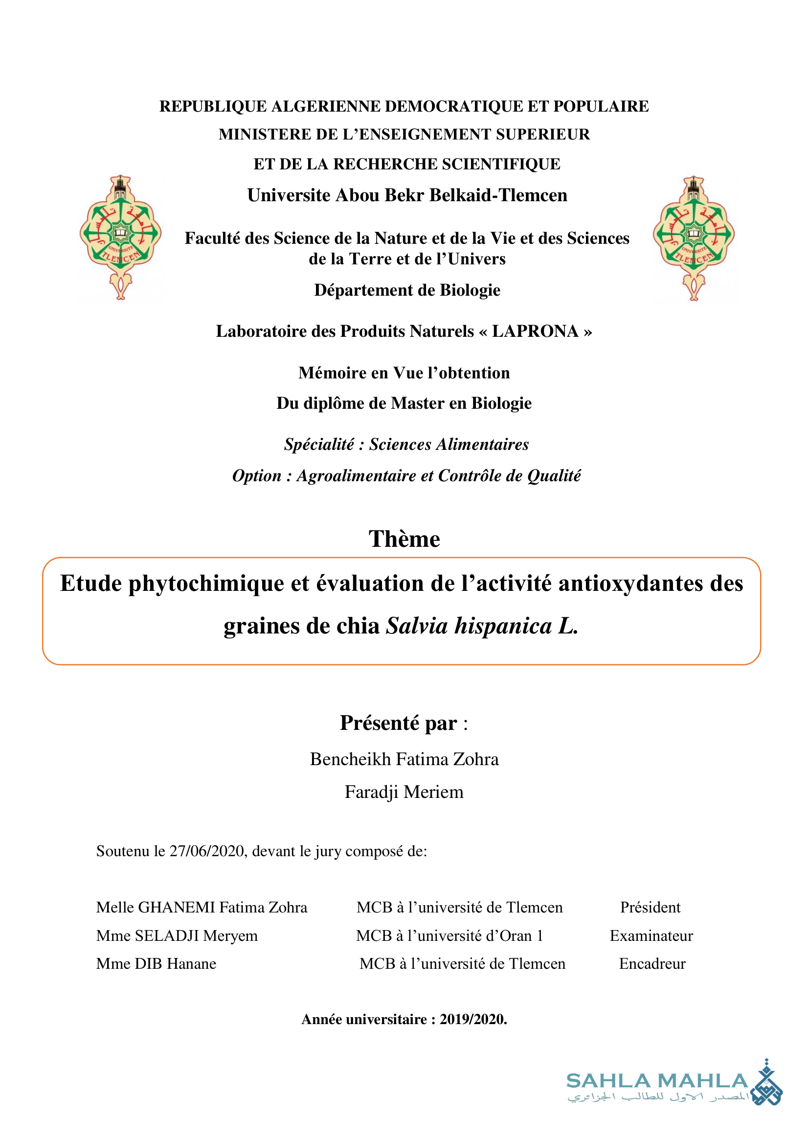 Etude phytochimique et évaluation de l'activité antioxydantes des graines de chia Salvia hispanica L.