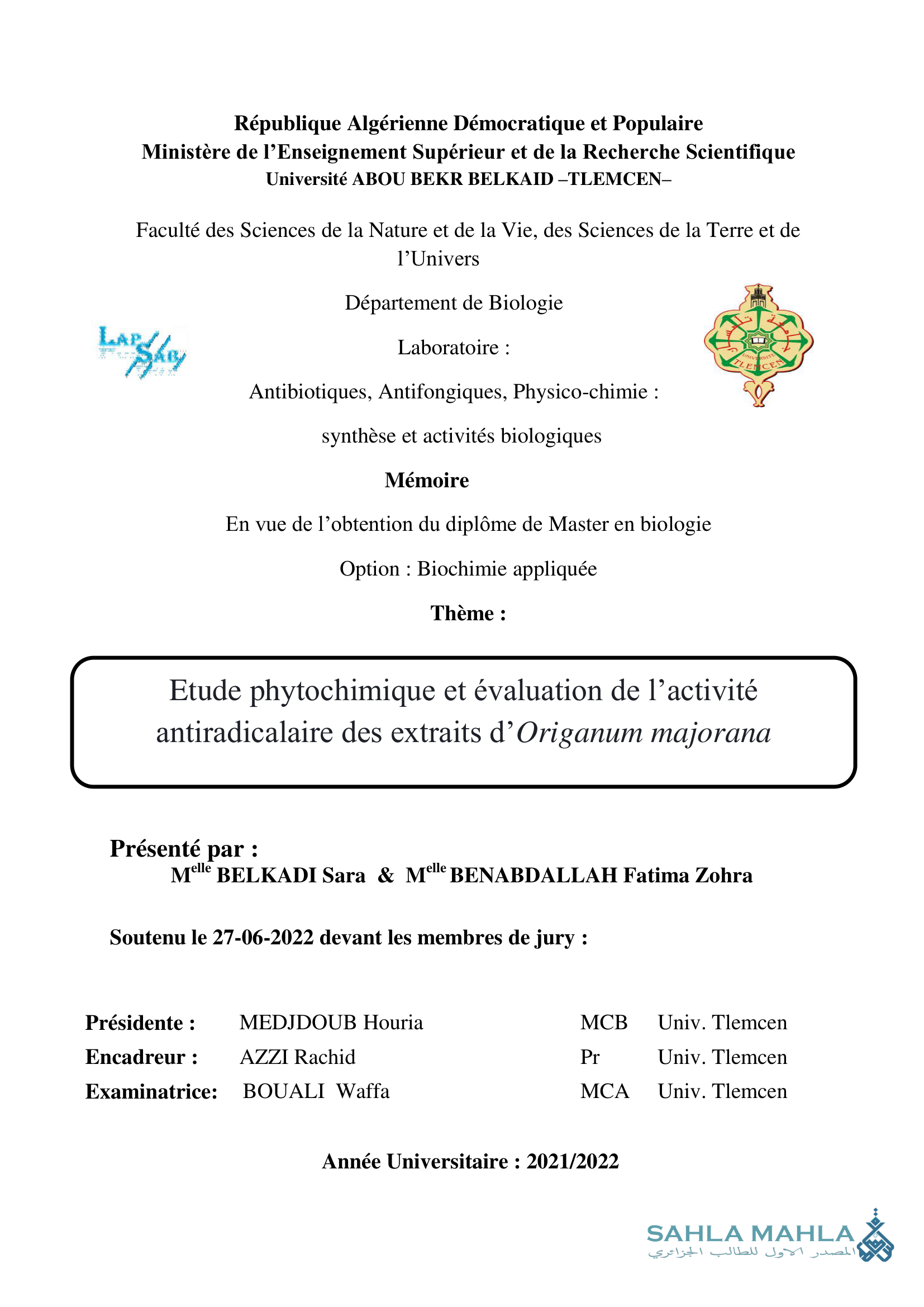 Etude phytochimique et évaluation de l'activité antiradicalaire des extraits d'Origanum majorana