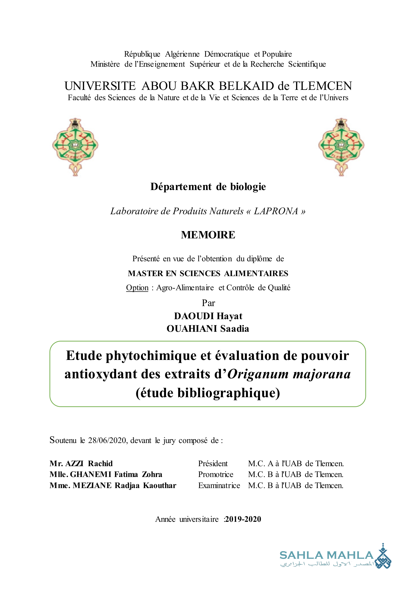 Etude phytochimique et évaluation de pouvoir antioxydant des extraits d'Origanum majorana (étude bibliographique)