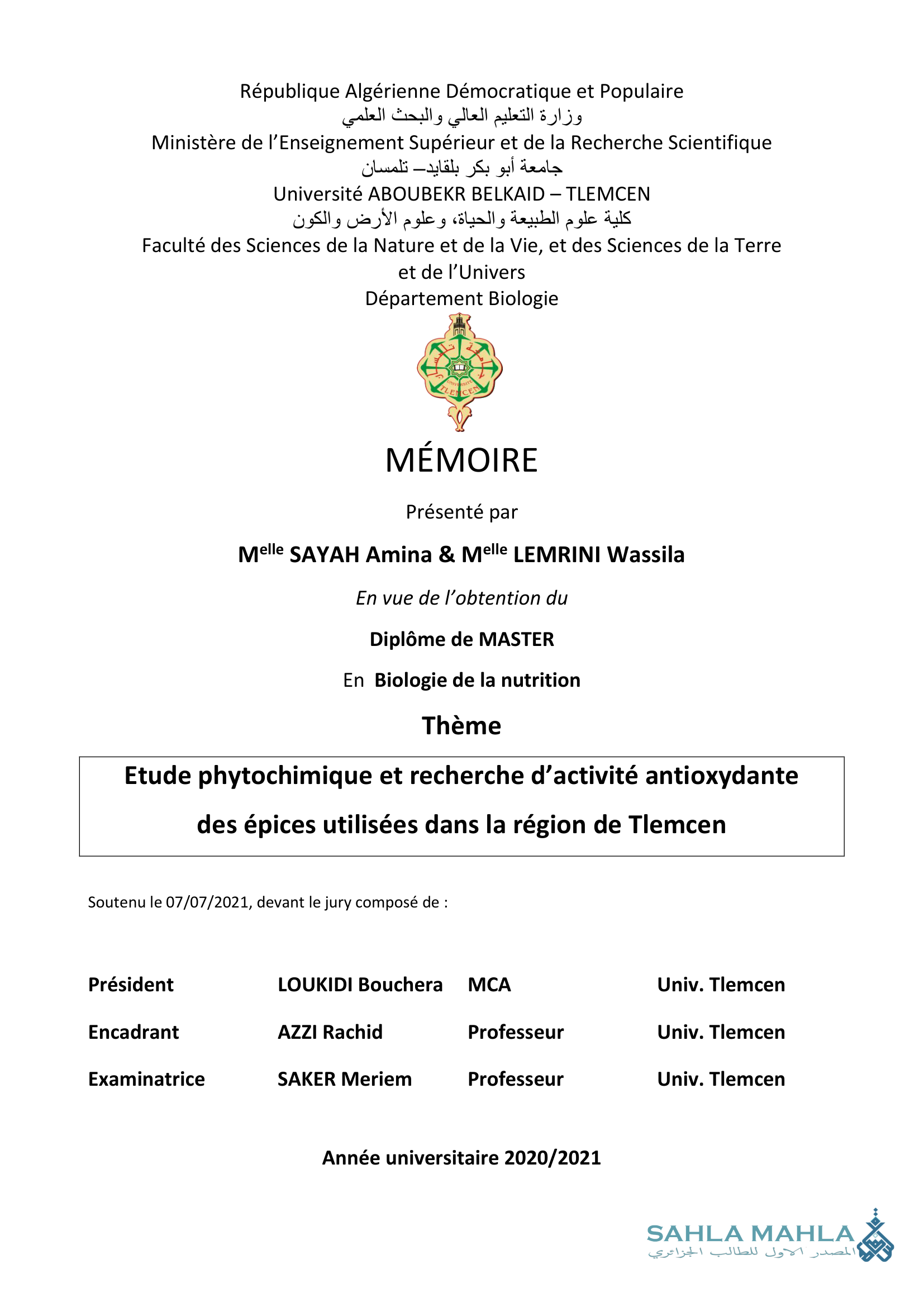 Etude phytochimique et recherche d'activité antioxydante des épices utilisées dans la région de Tlemcen