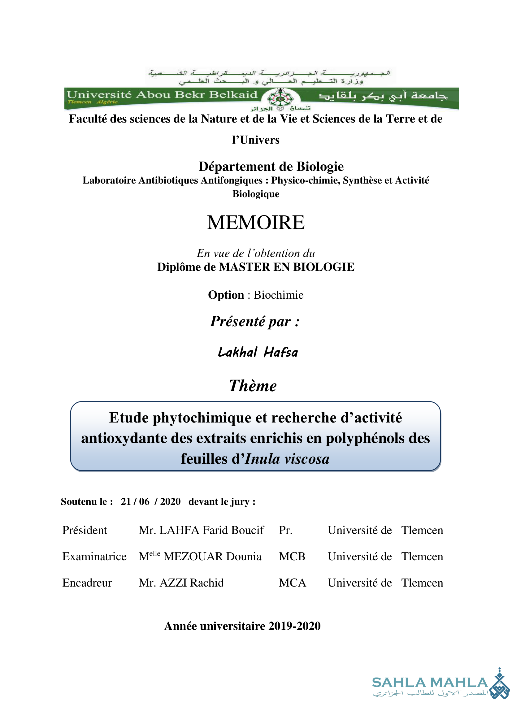 Etude phytochimique et recherche d'activité antioxydante des extraits enrichis en polyphenols des feuilles d'Inula viscosa