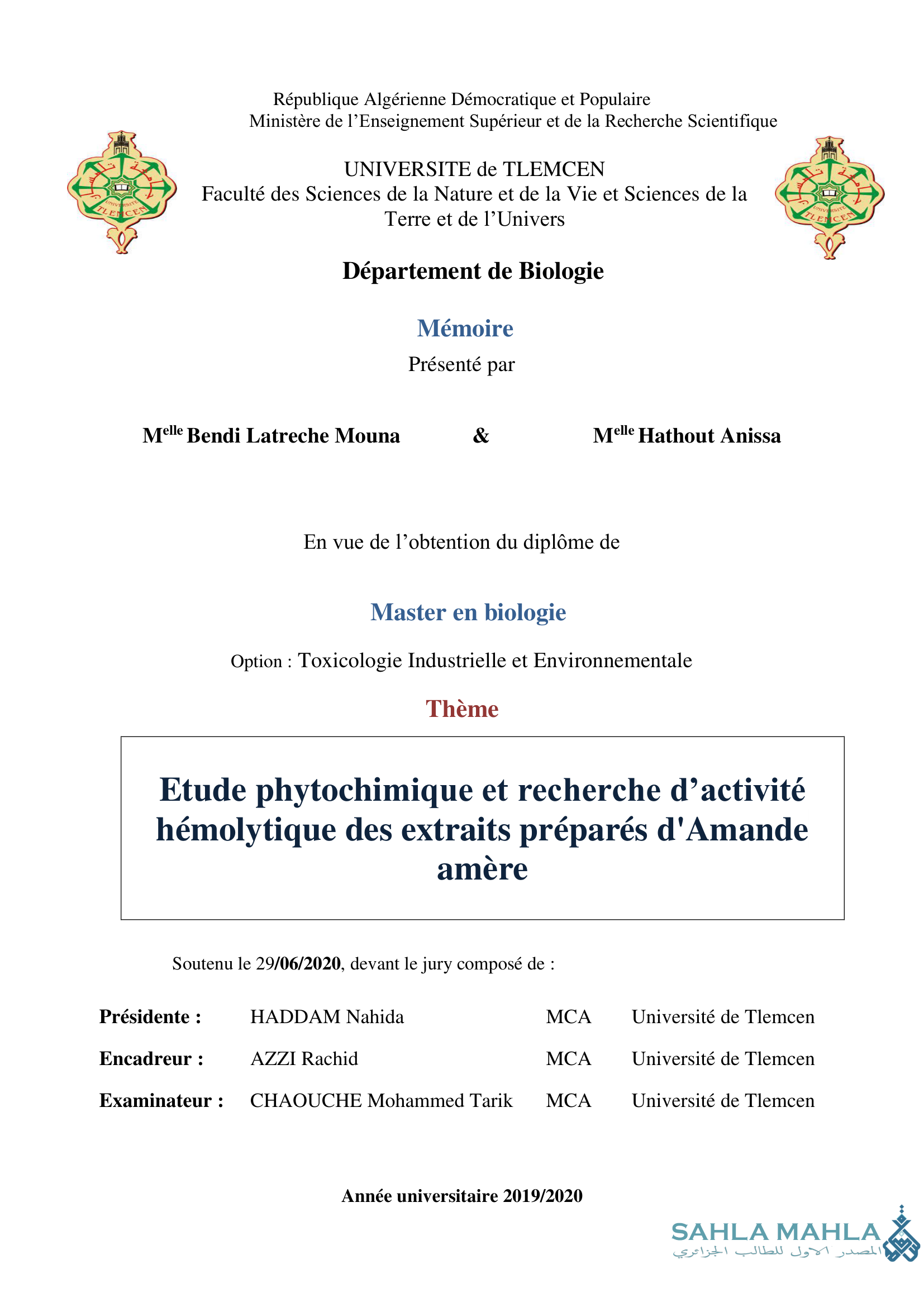 Etude phytochimique et recherche d'activité hémolytique des extraits préparés d'Amande amère
