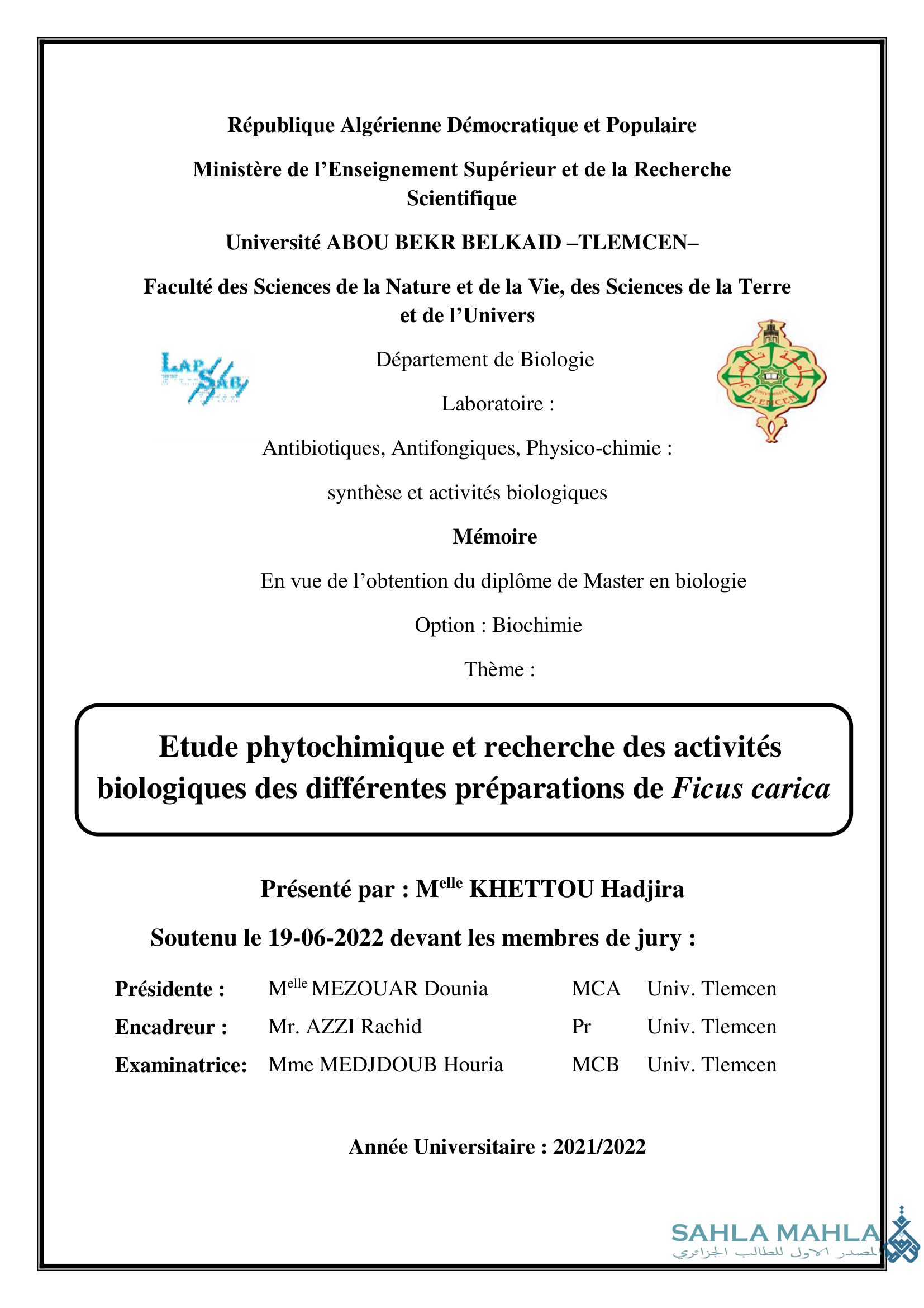Etude phytochimique et recherche des activités biologiques des différentes préparations de Ficus carica