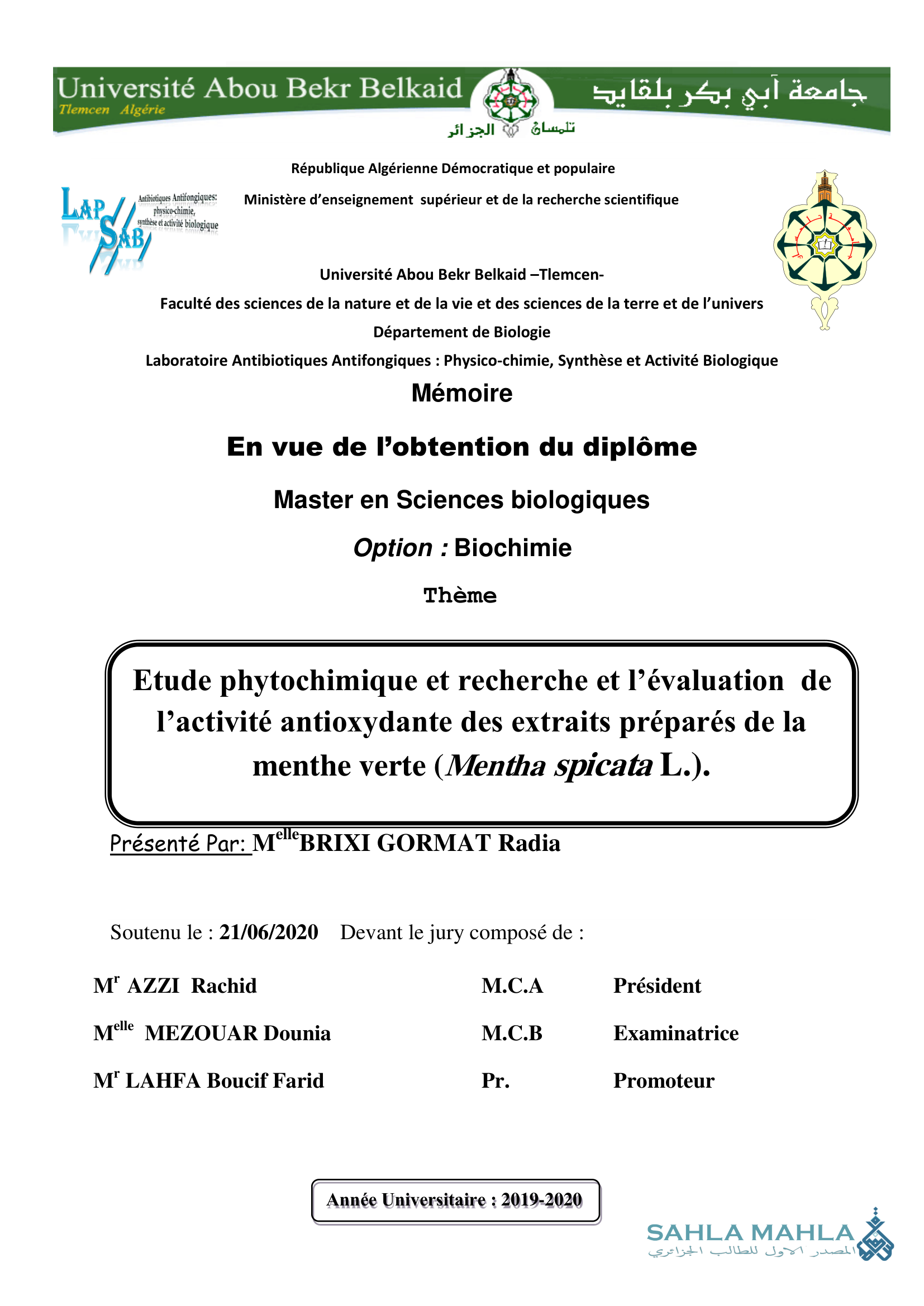 Etude phytochimique et recherche et l'évaluation de l'activité antioxydante des extraits préparés de la menthe verte (Mentha spicata L.)