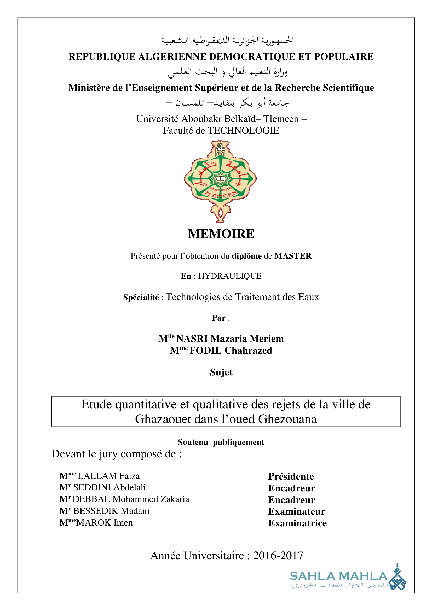 Etude quantitative et qualitative des rejets de la ville de Ghazaouet dans l'oued Ghezouana