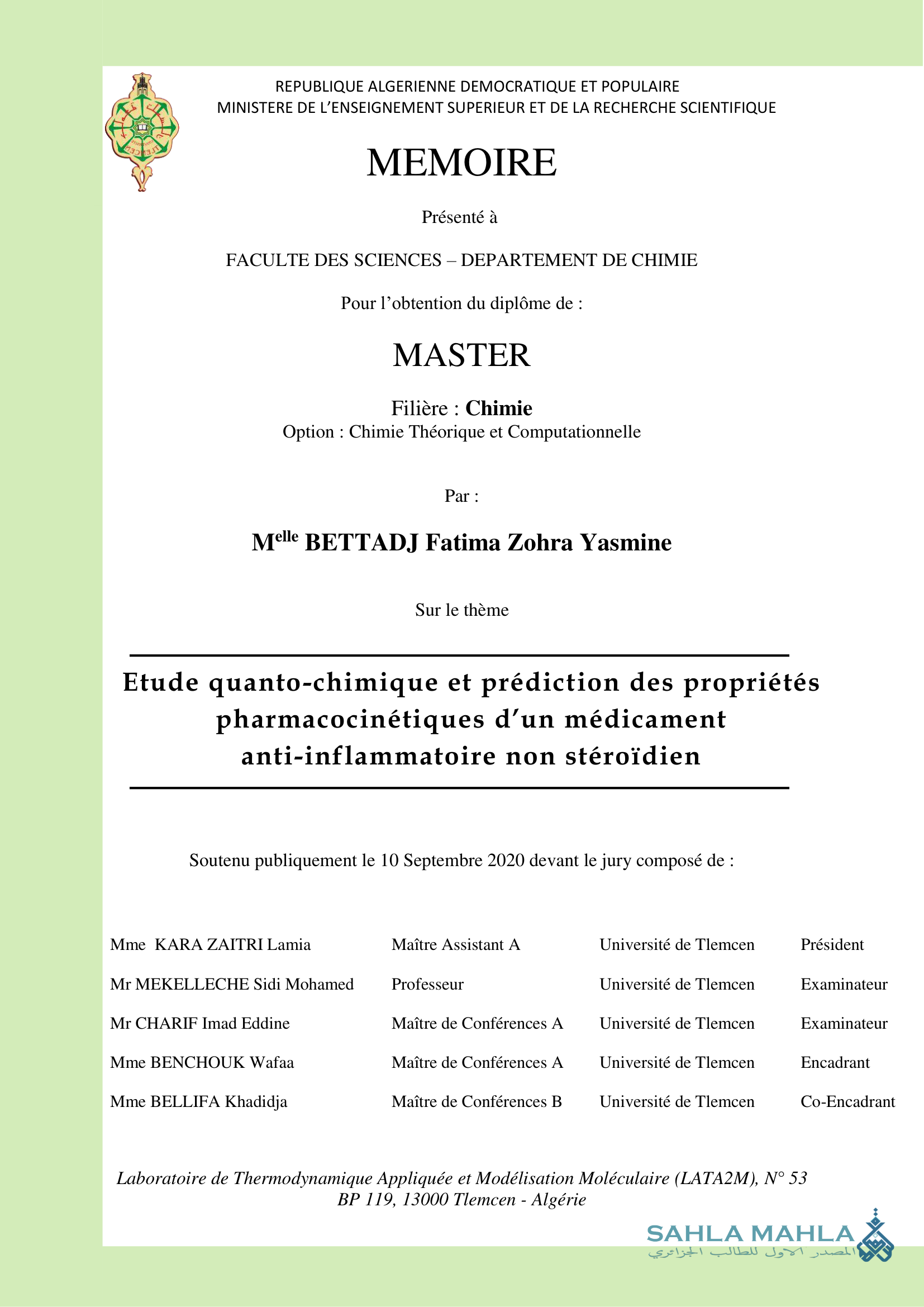 Etude quanto-chimique et prédiction des propriétés pharmacocinétiques d'un médicament anti-inflammatoire non stéroïdien