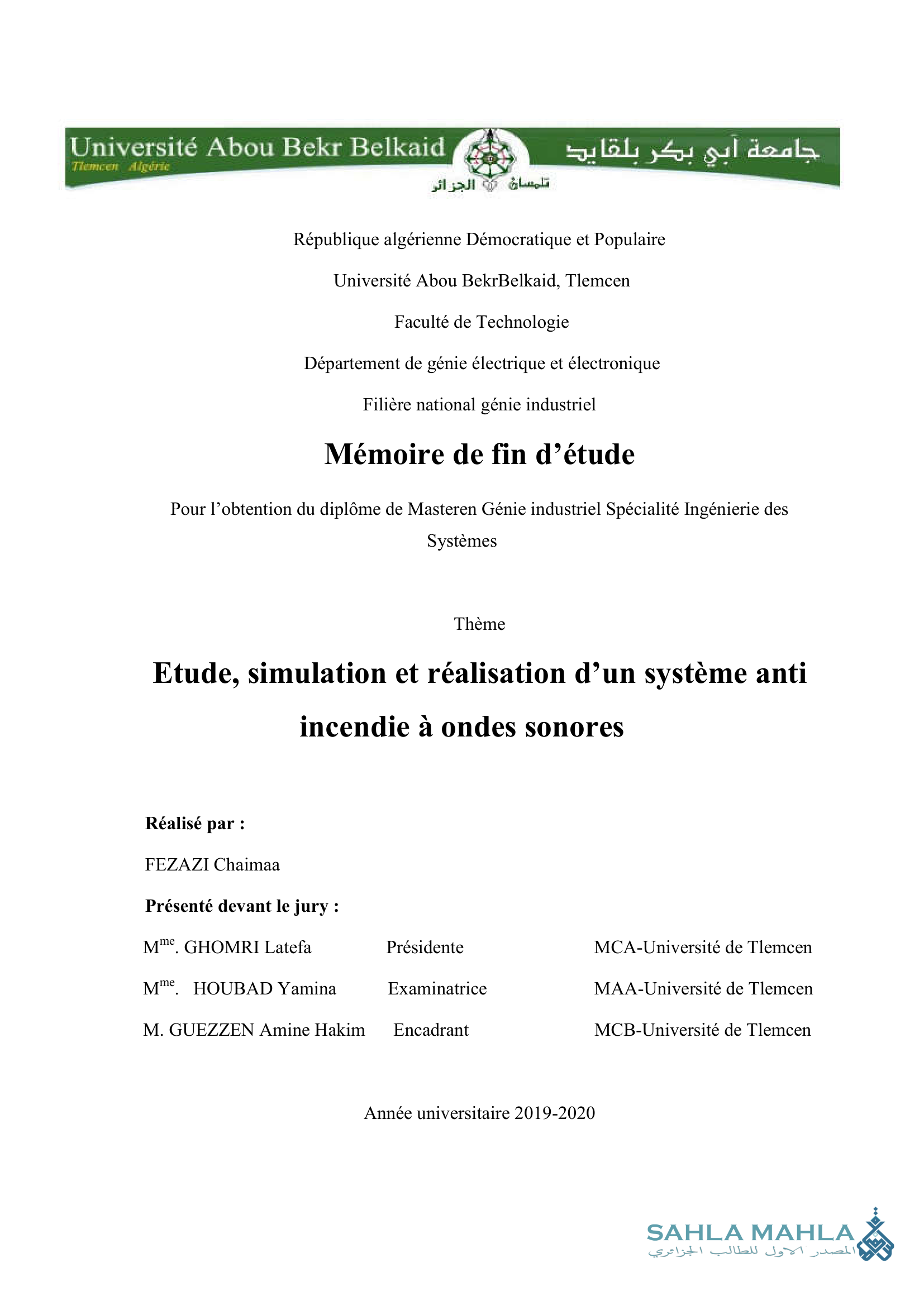 Etude, simulation et réalisation d'un système anti incendie à ondes sonores