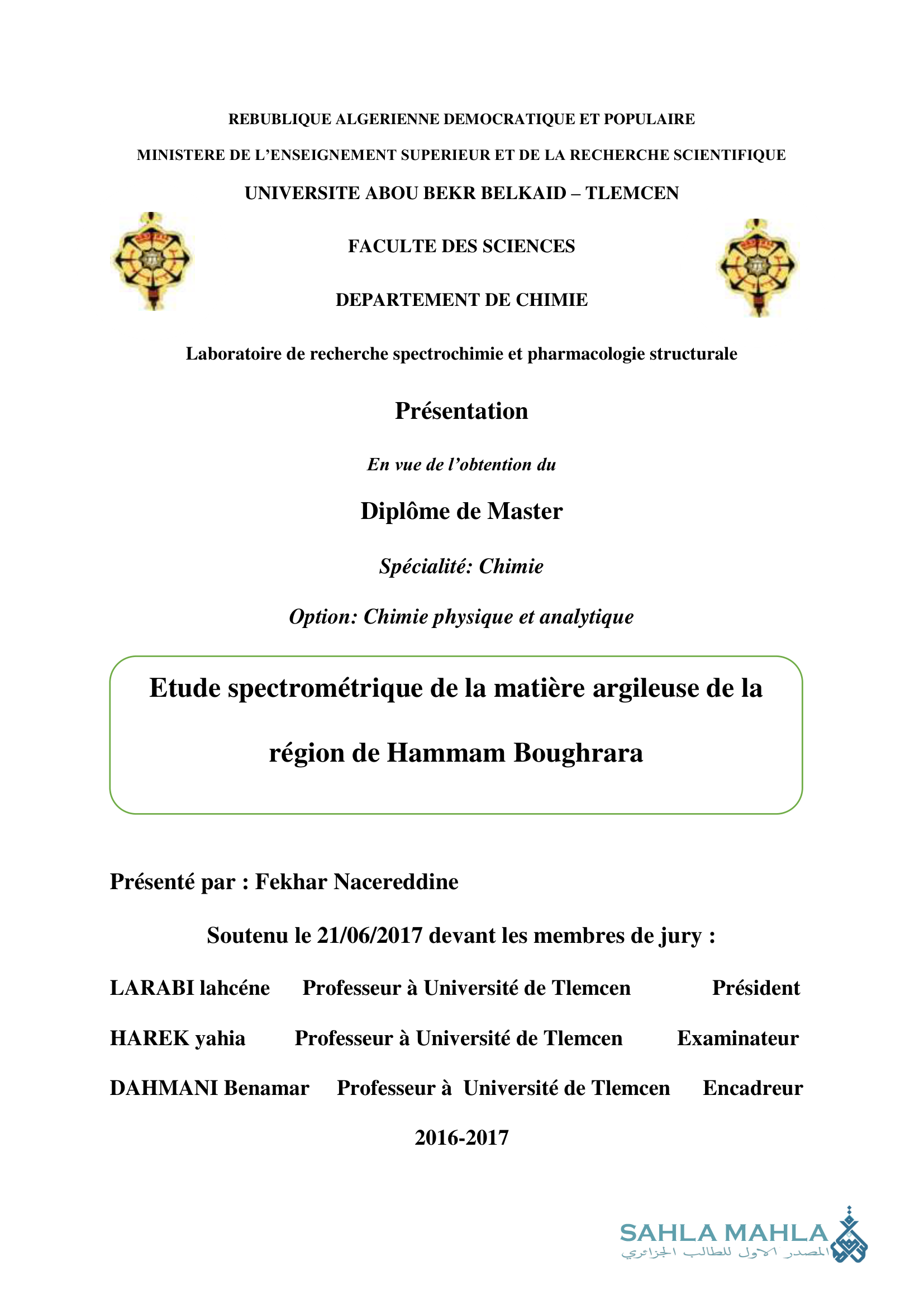 Etude spectrométrique de la matière argileuse de la région de Hammam Boughrara